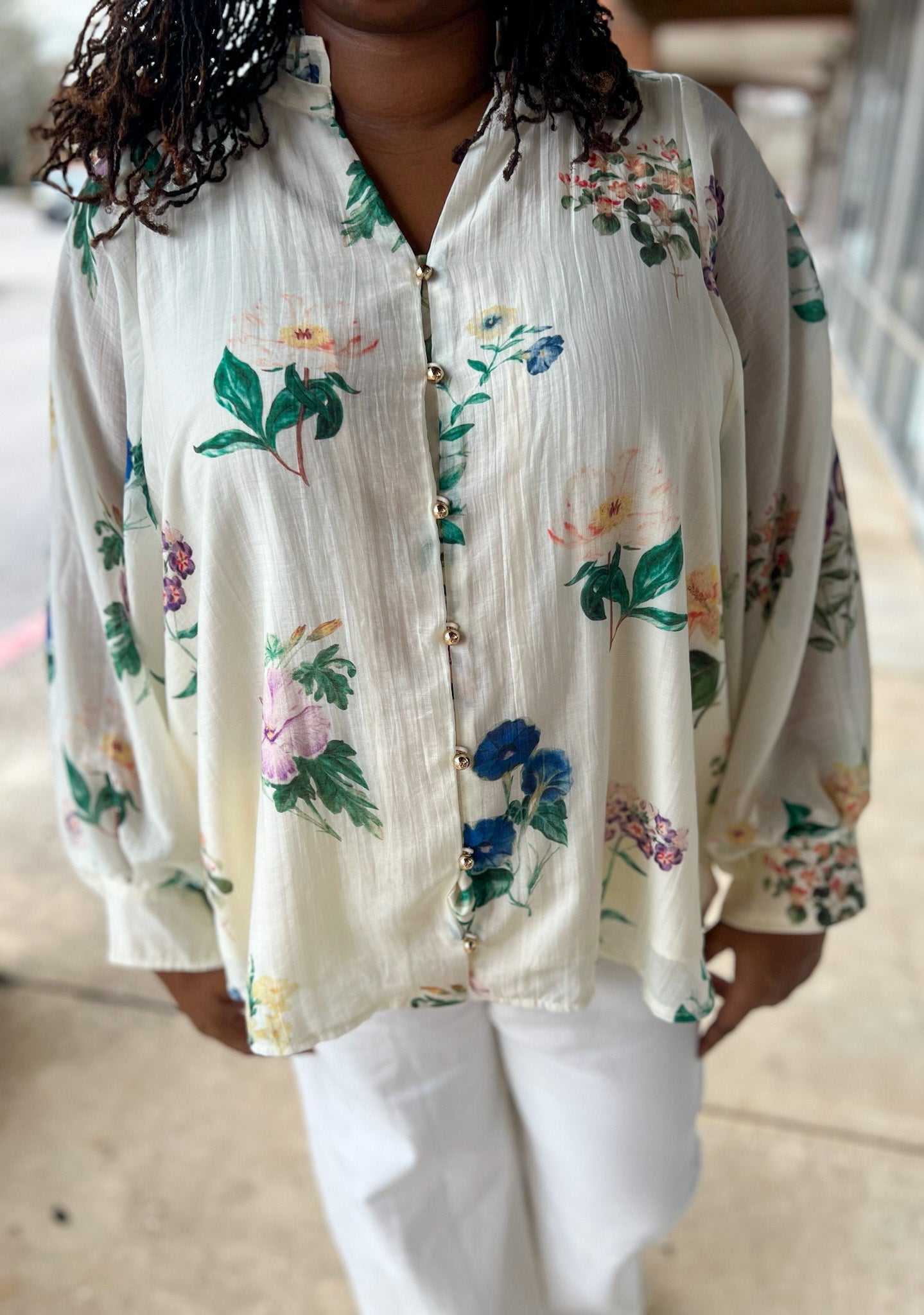 Cream Floral Long Sleeve Button Up Top (C) - A'Bekah's Boutique