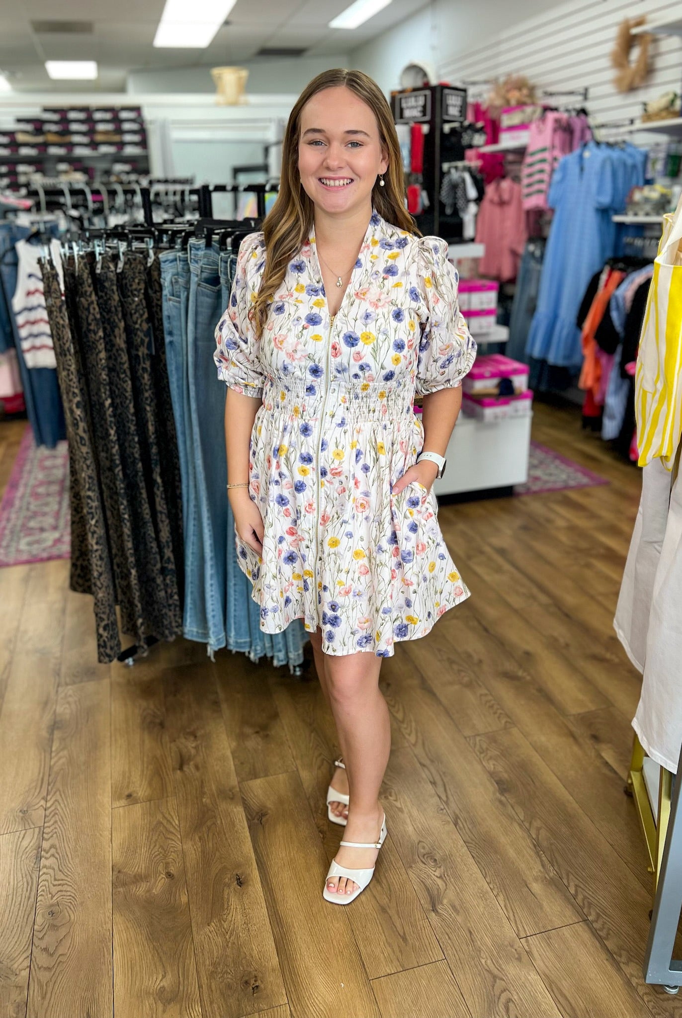 Cream Floral Zip Front Dress with 3/4 Length Sleeves - A'Bekah's Boutique