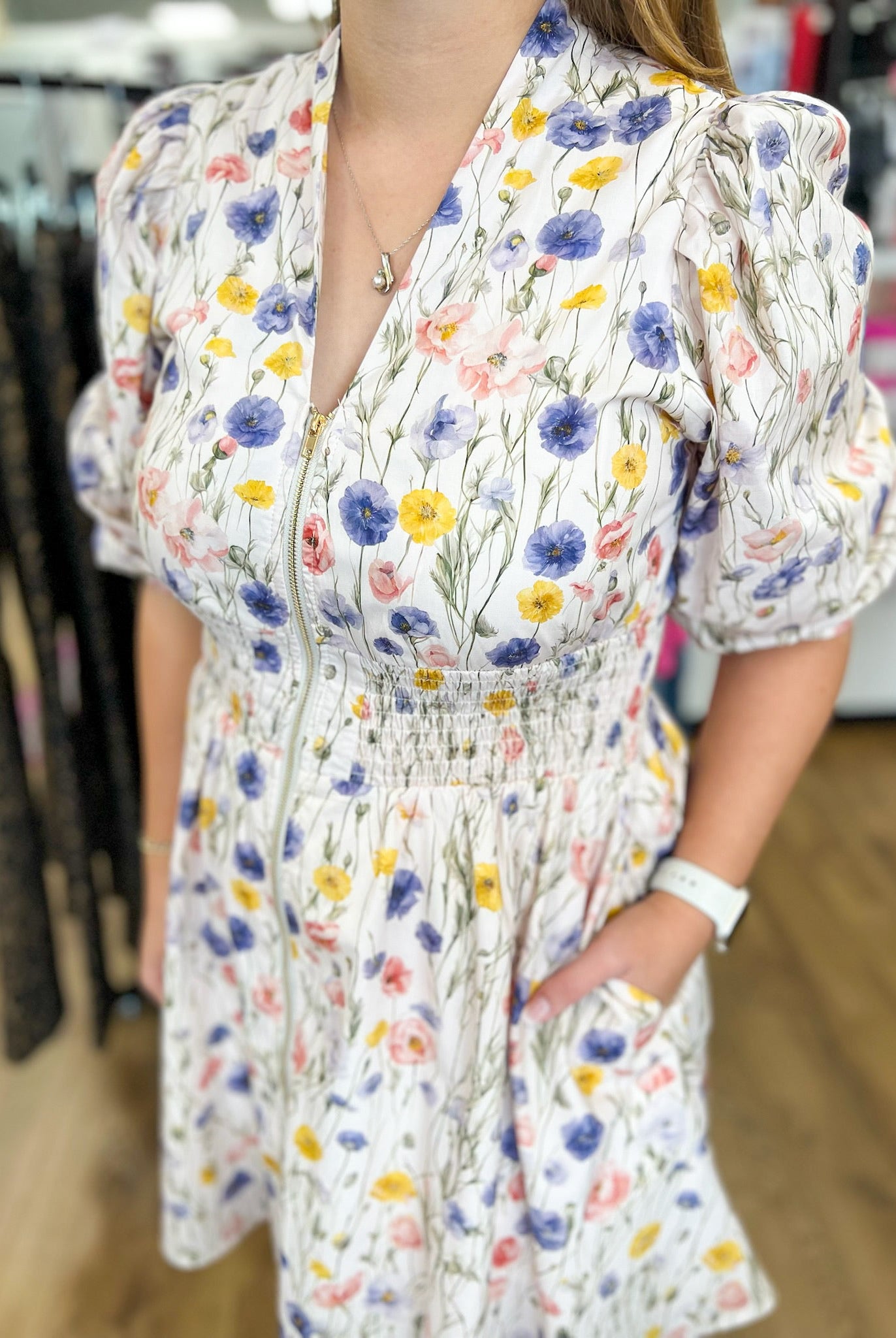 Cream Floral Zip Front Dress with 3/4 Length Sleeves - A'Bekah's Boutique