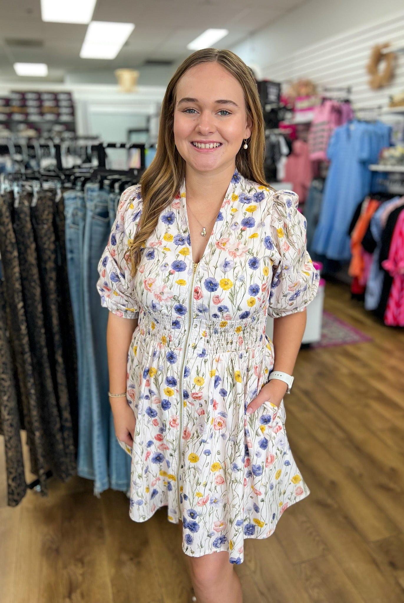Cream Floral Zip Front Dress with 3/4 Length Sleeves - A'Bekah's Boutique