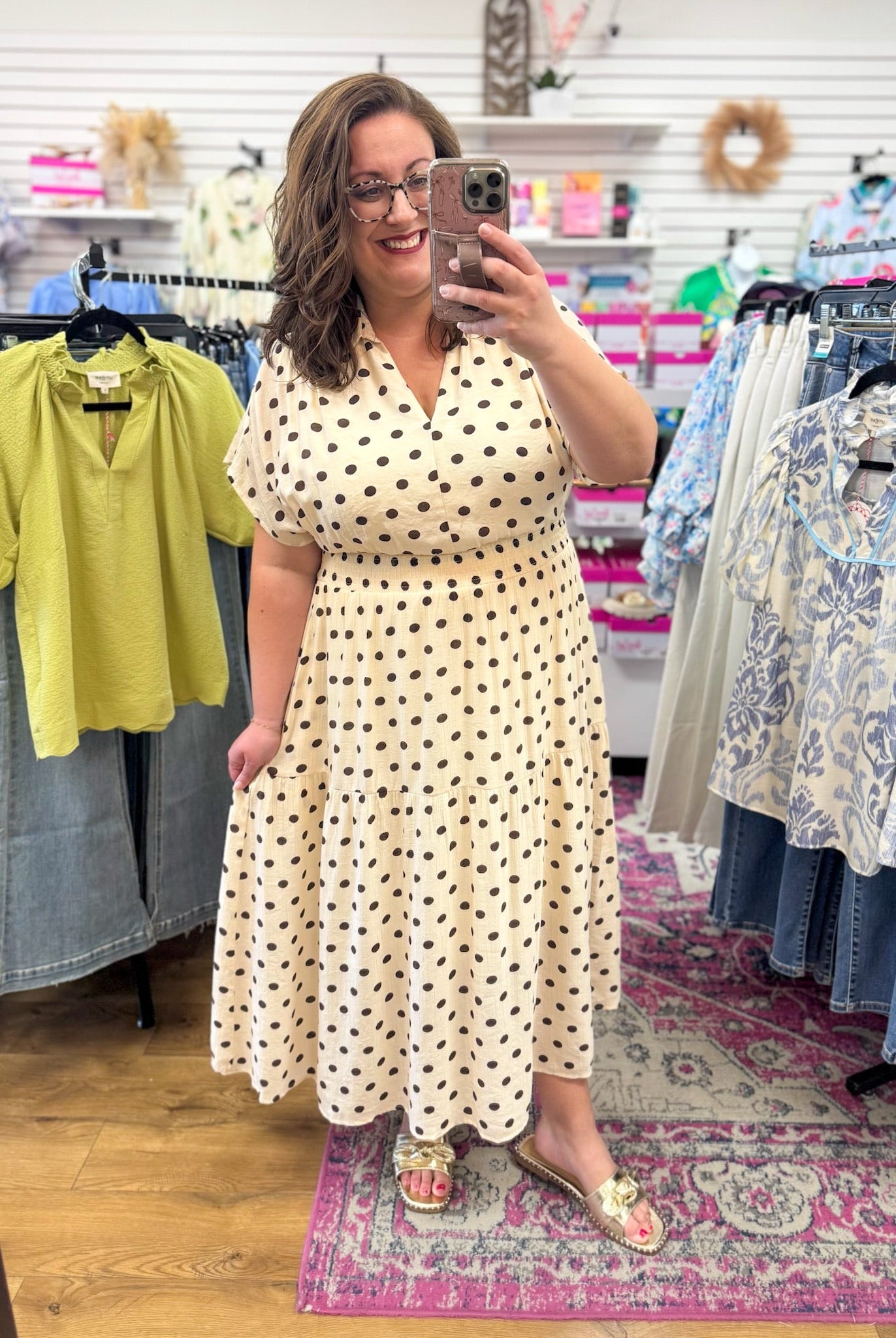 Cream Short Sleeve Polka Dot Midi Dress with Smocked Waist - A'Bekah's Boutique