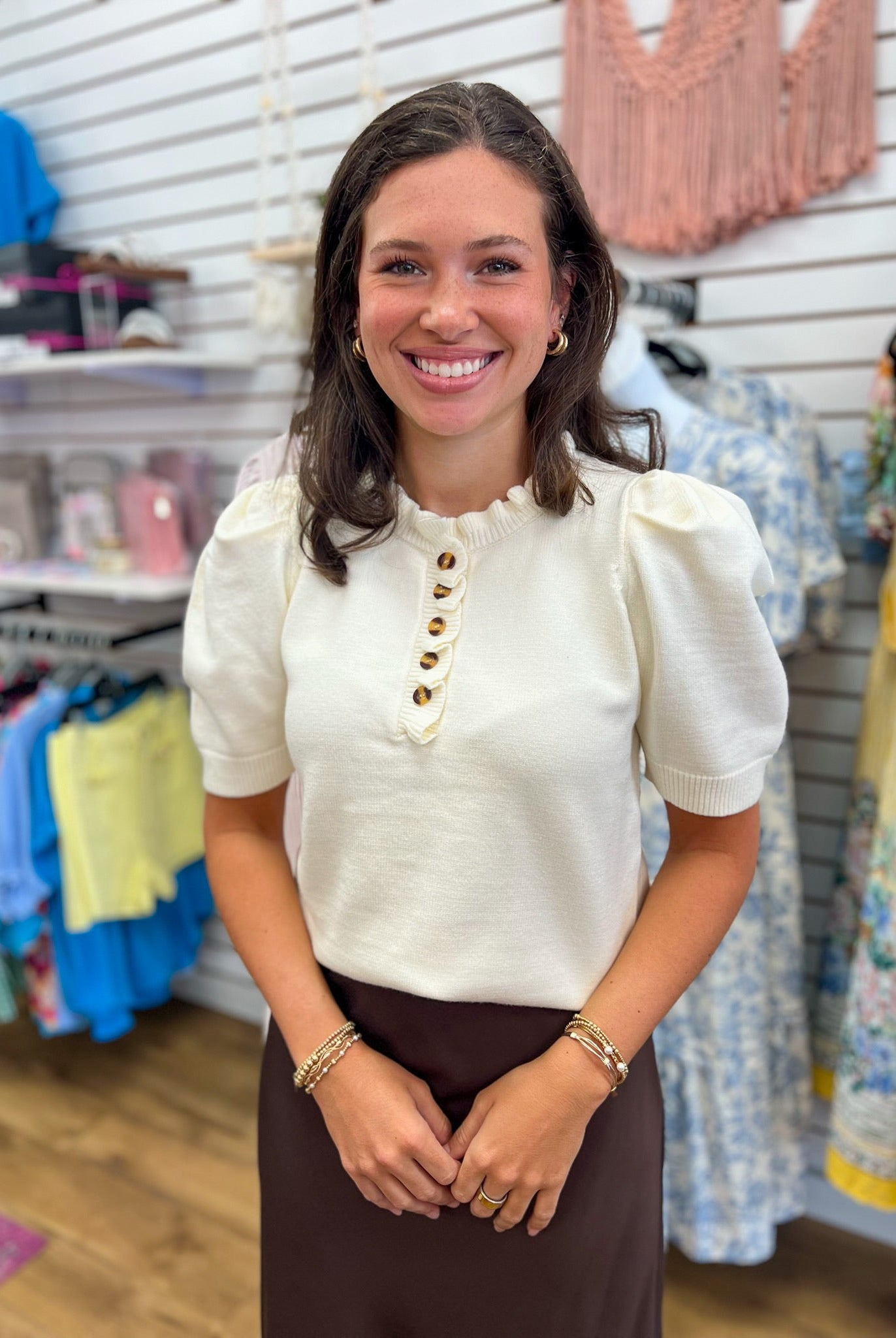 Cream Short Sleeve Ruffle Neck Sweater with Front Buttons - A'Bekah's Boutique