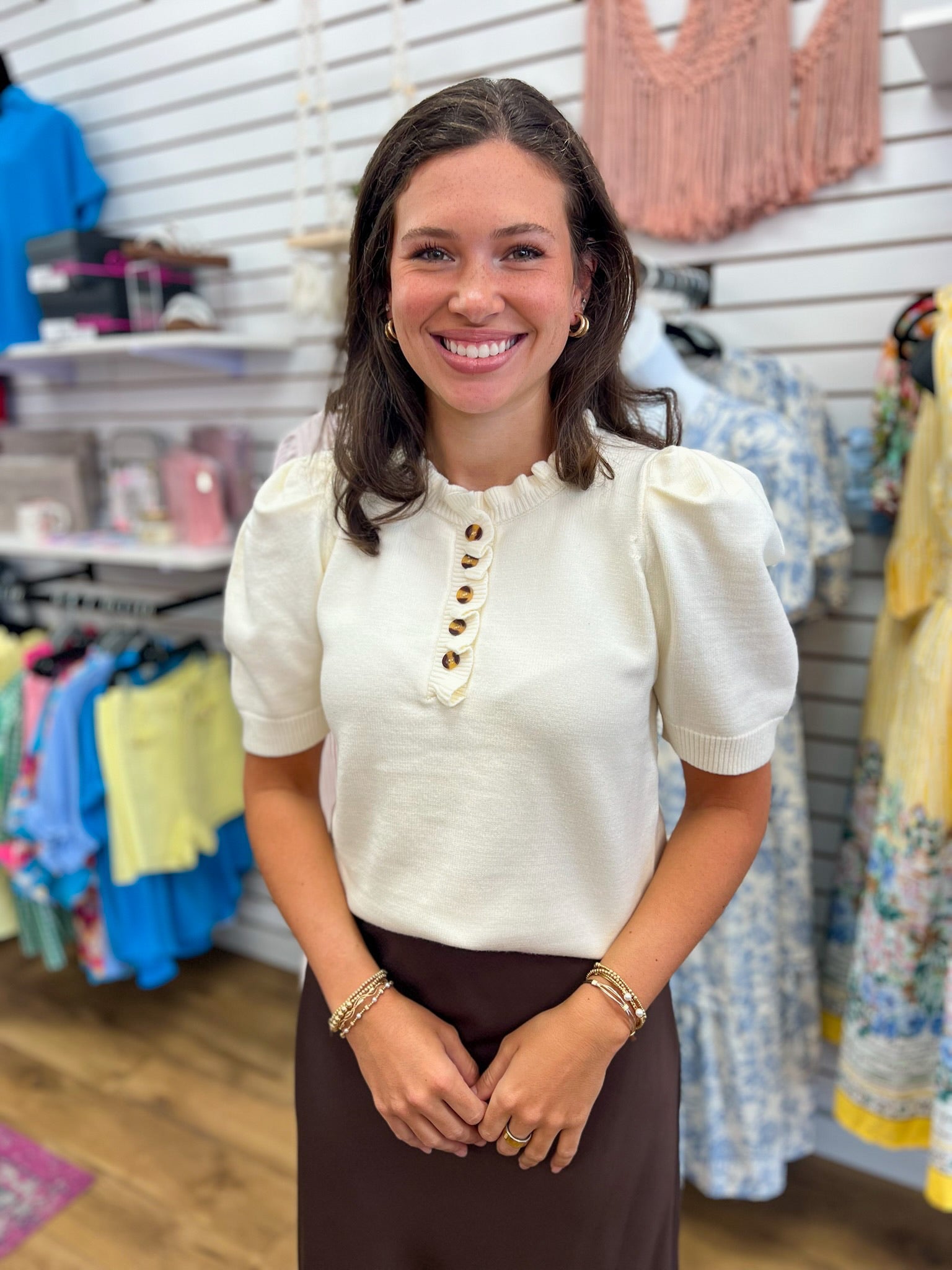 Cream Short Sleeve Ruffle Neck Sweater with Front Buttons - A'Bekah's Boutique
