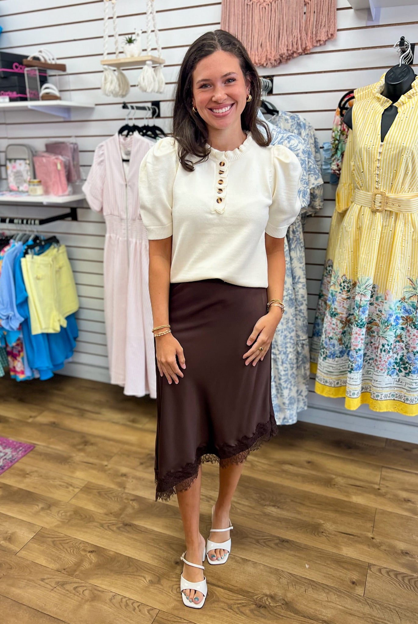 Cream Short Sleeve Ruffle Neck Sweater with Front Buttons - A'Bekah's Boutique