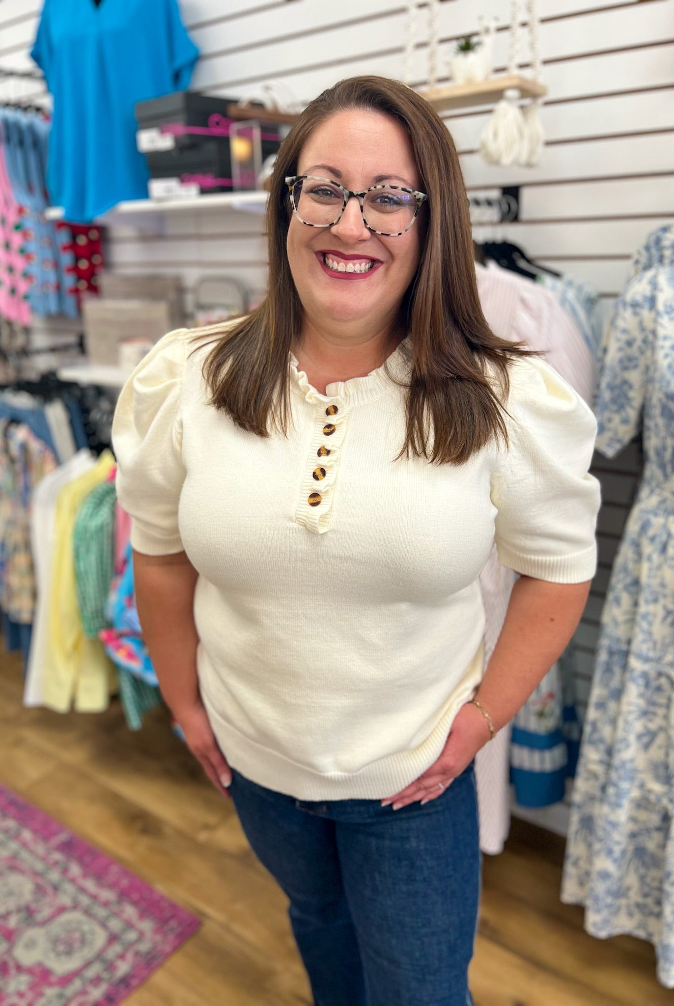 Cream Short Sleeve Ruffle Neck Sweater with Front Buttons - A'Bekah's Boutique
