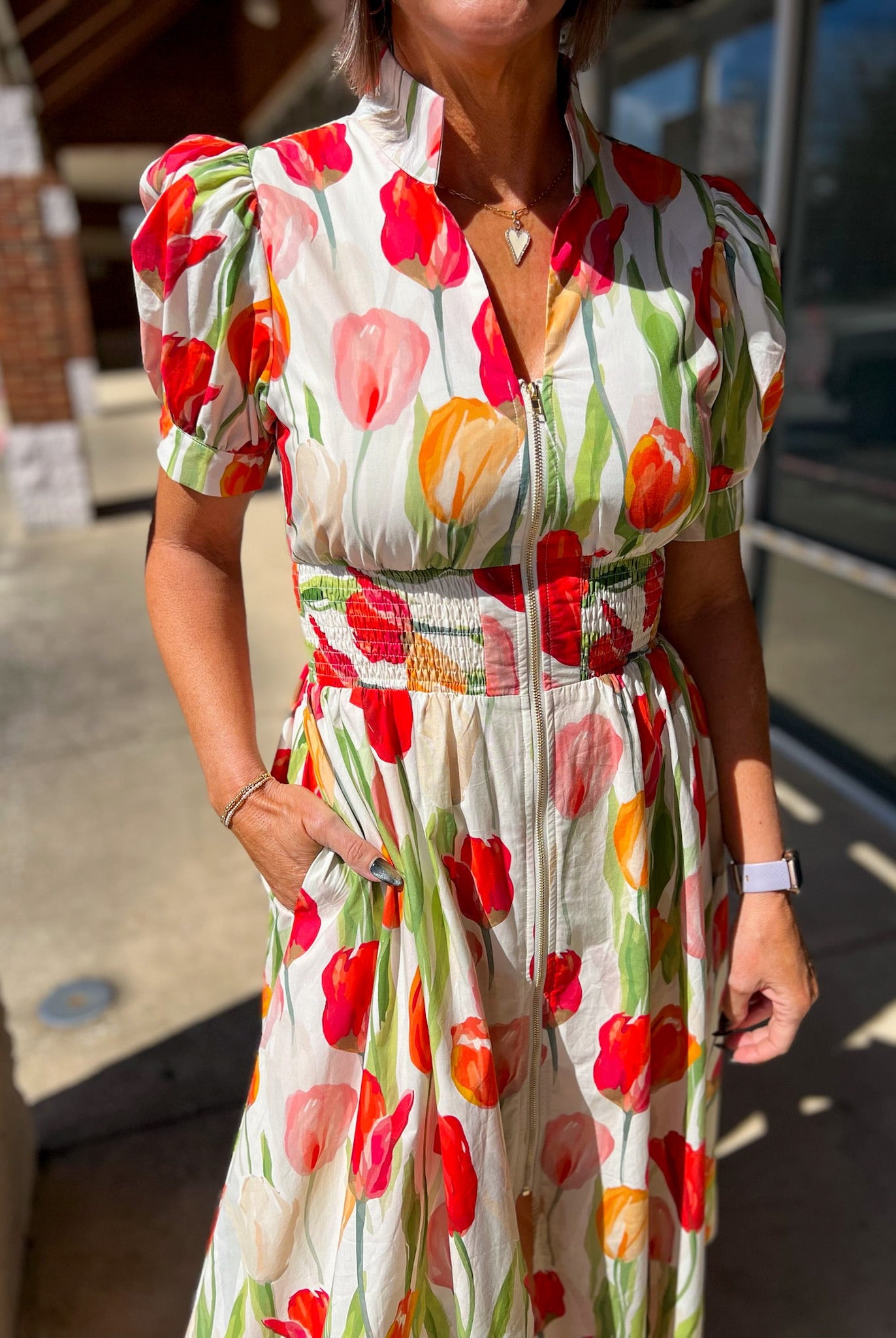 Cream Tulip Print Zip Front Midi Dress with Smocked Waist (R) - A'Bekah's Boutique