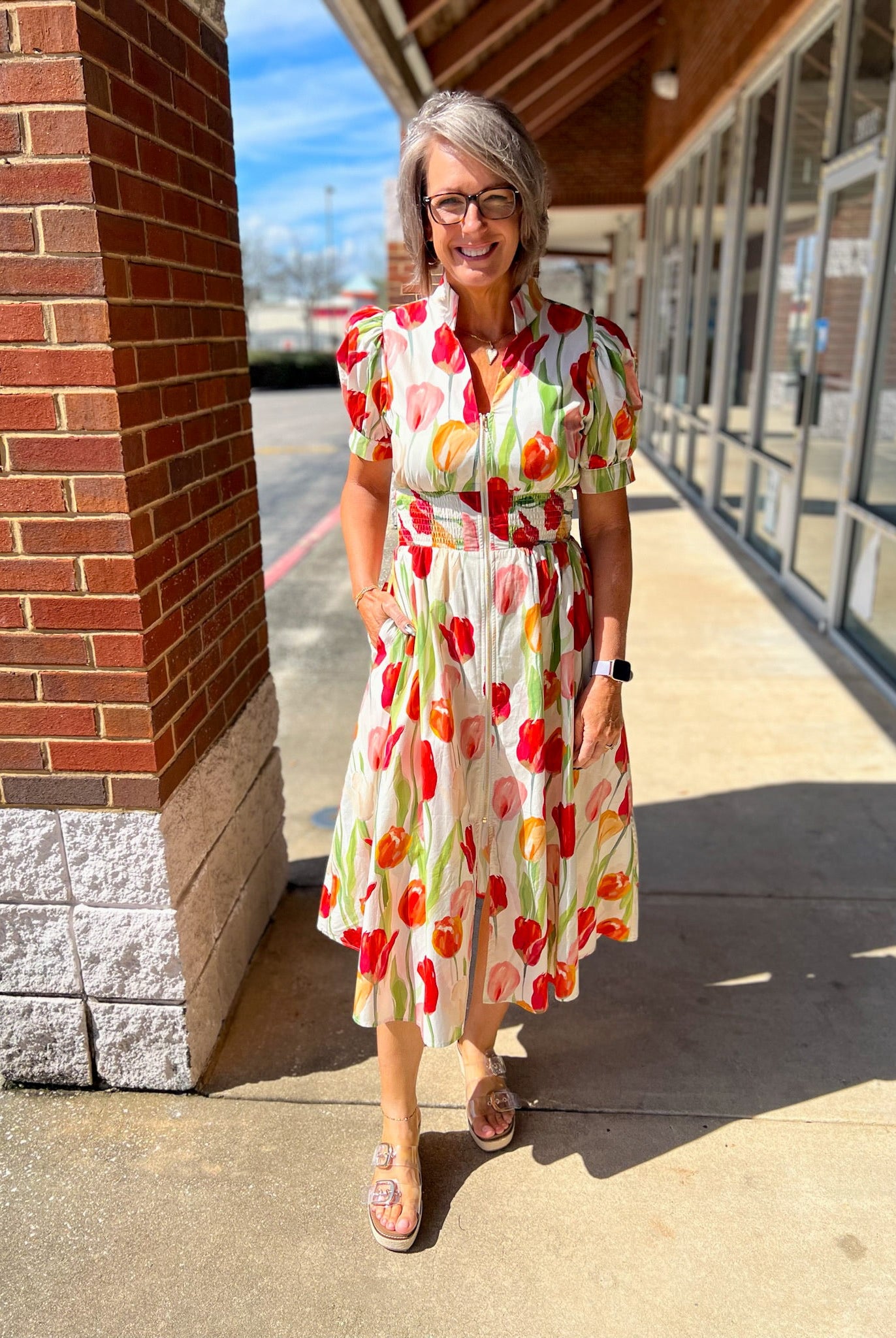 Cream Tulip Print Zip Front Midi Dress with Smocked Waist (R) - A'Bekah's Boutique