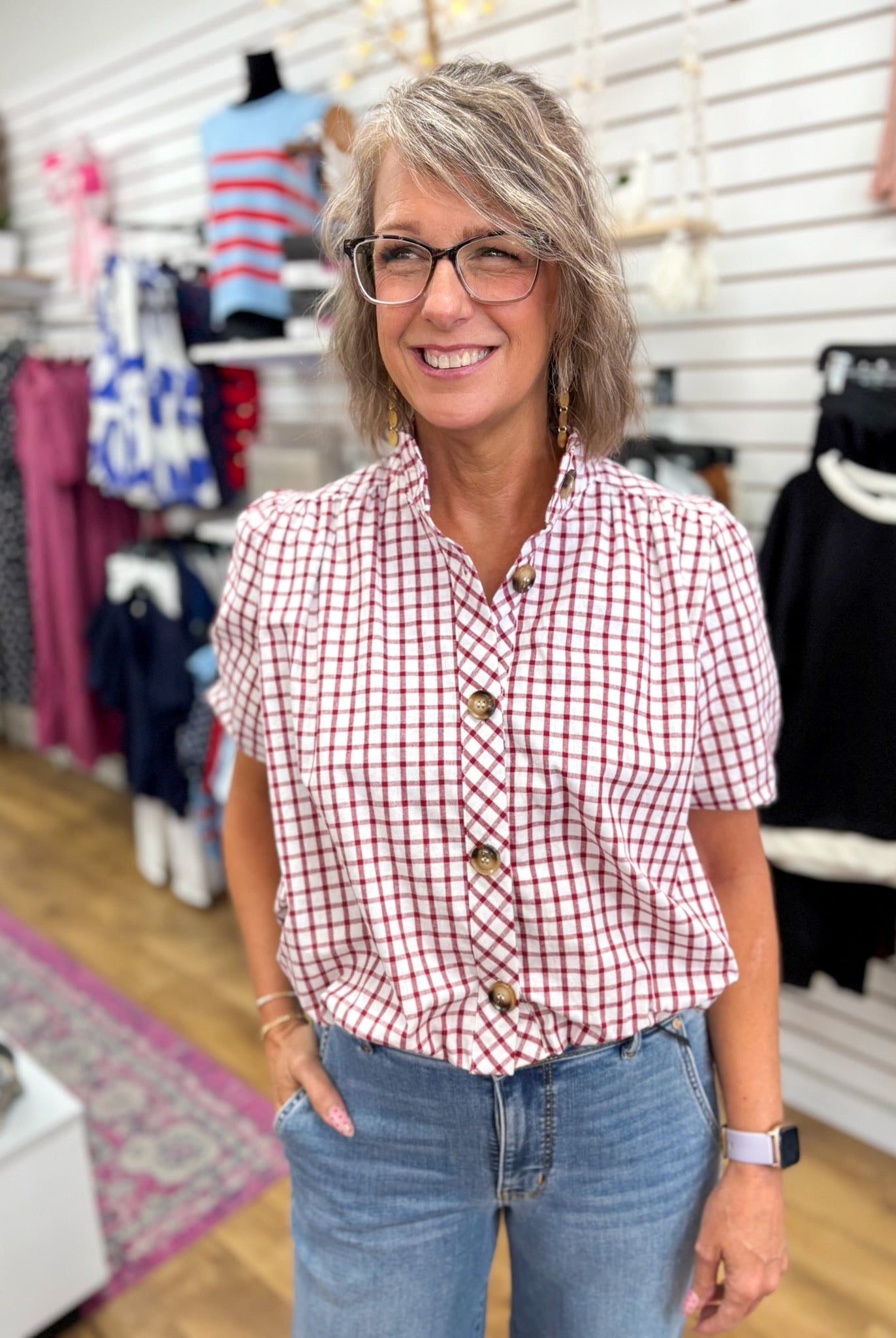 Crimson Gingham Checkered Button Up Top with Bubble Hem - A'Bekah's Boutique