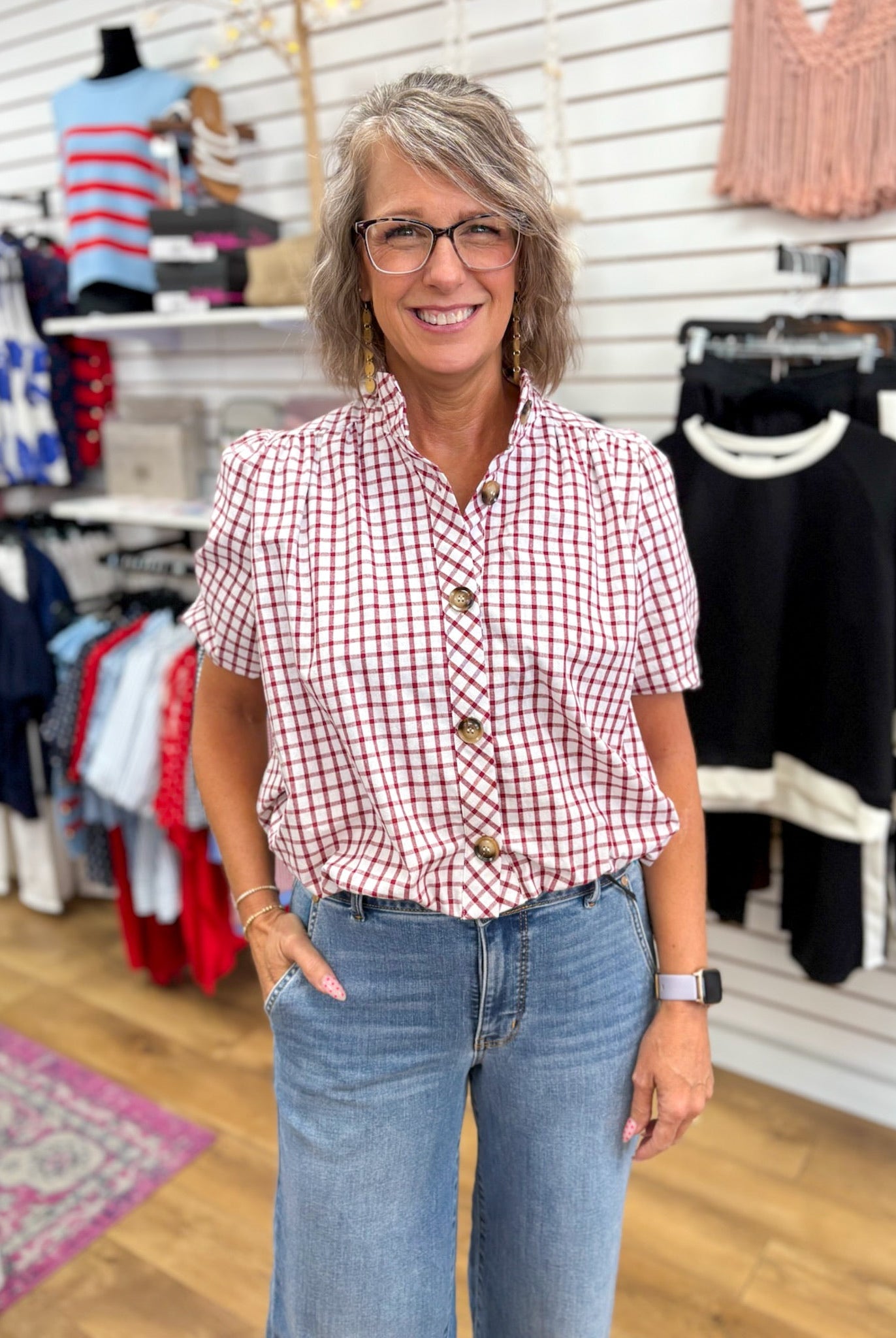 Crimson Gingham Checkered Button Up Top with Bubble Hem - A'Bekah's Boutique