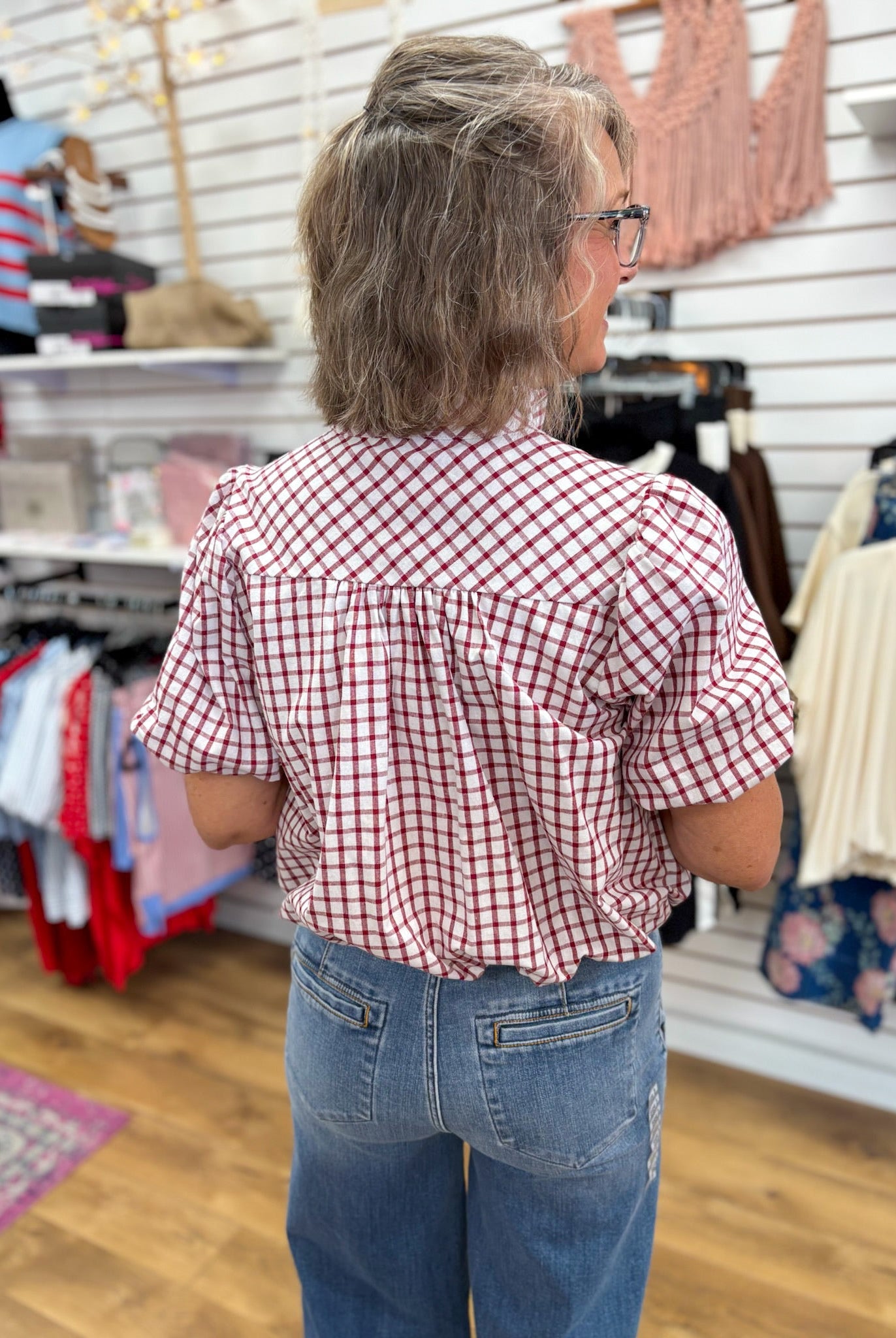 Crimson Gingham Checkered Button Up Top with Bubble Hem - A'Bekah's Boutique