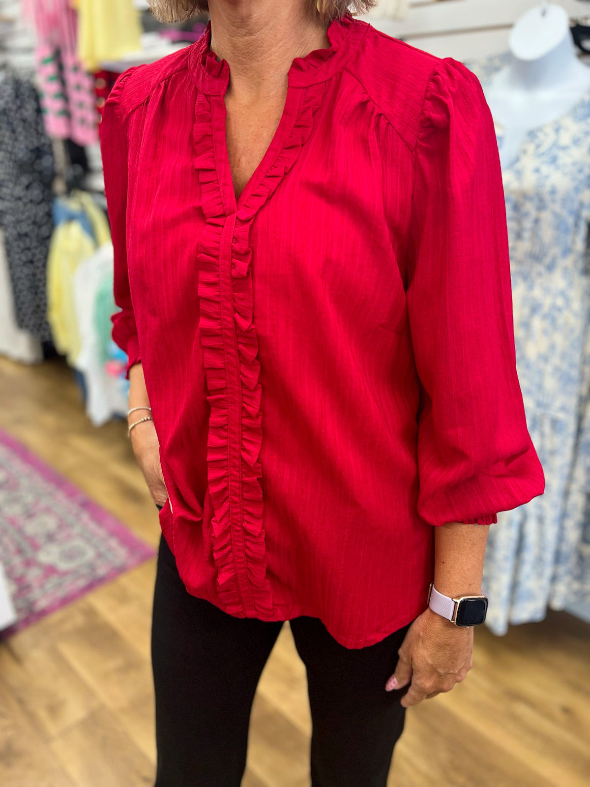 Crimson V-Neck Top with Ruffle Trim and Long Balloon Sleeves - A'Bekah's Boutique
