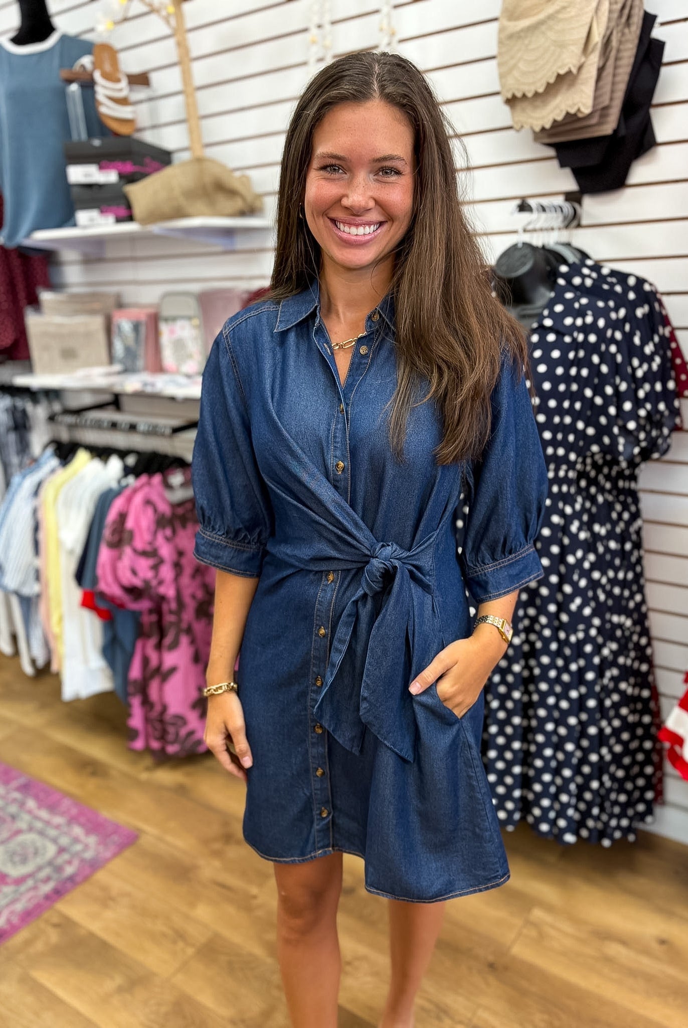 Dark Denim Dress with 3/4 Sleeves and Tie Waist - A'Bekah's Boutique