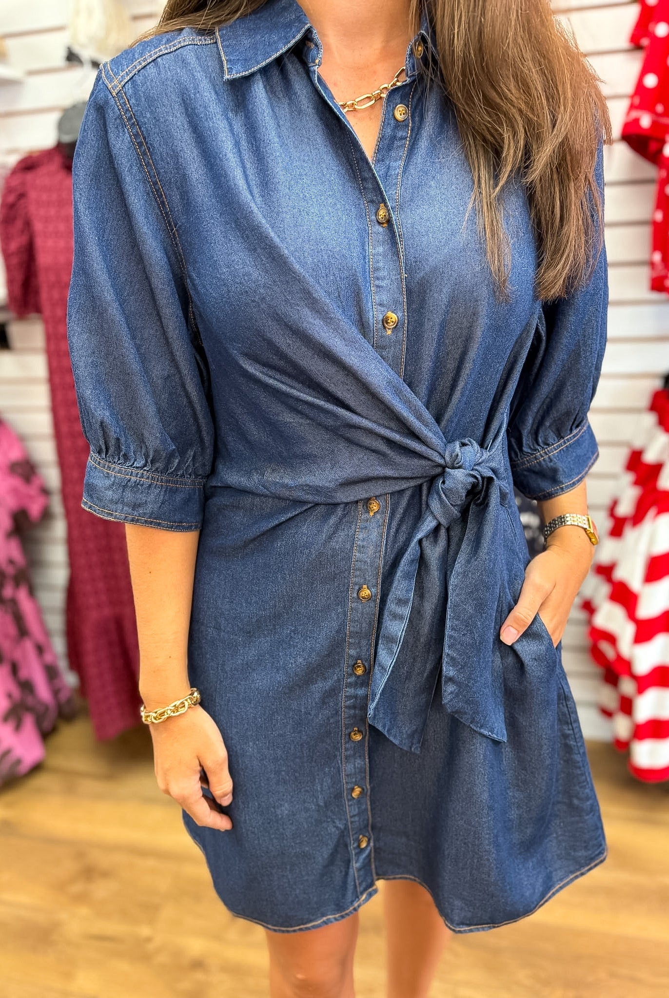 Dark Denim Dress with 3/4 Sleeves and Tie Waist - A'Bekah's Boutique