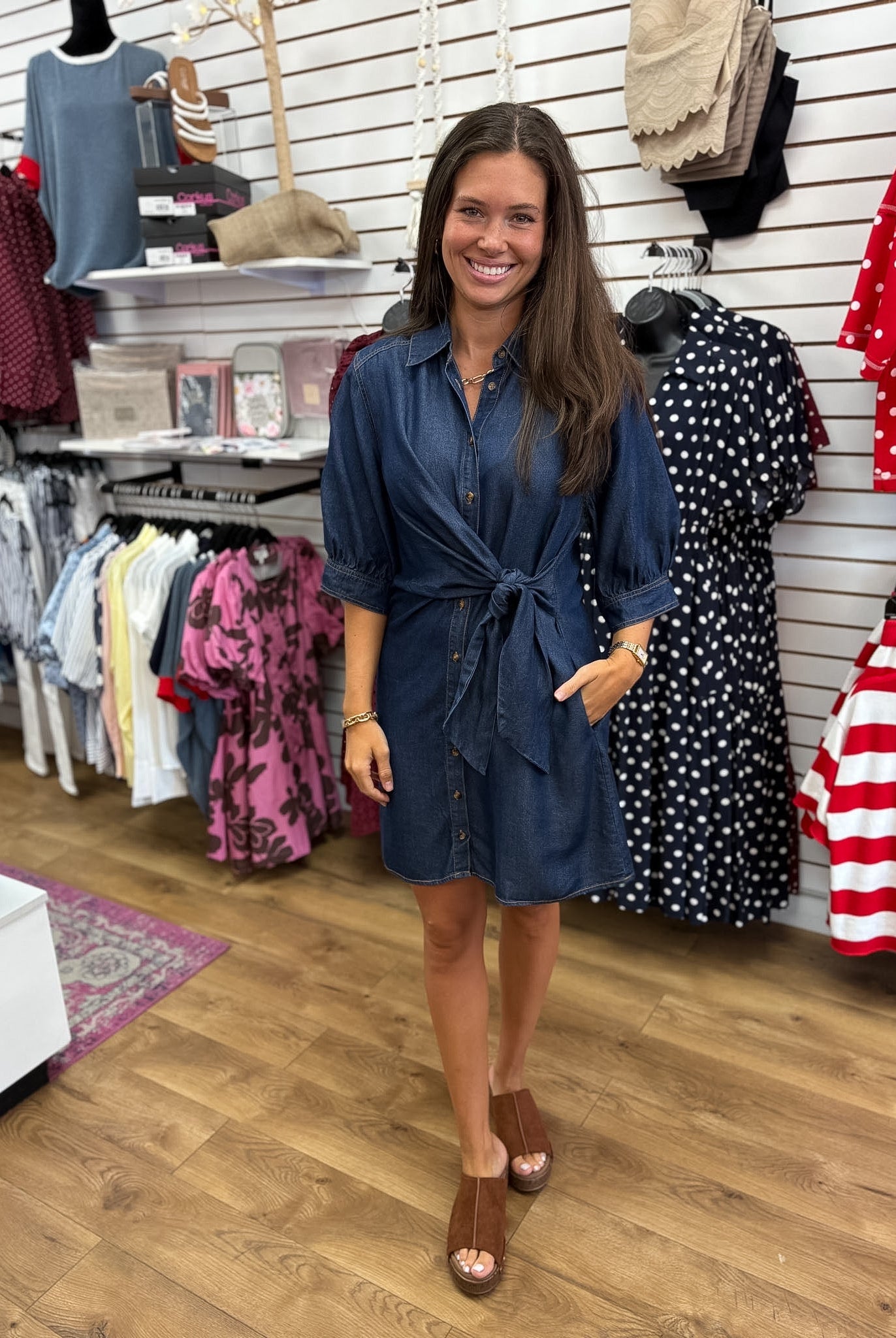 Dark Denim Dress with 3/4 Sleeves and Tie Waist - A'Bekah's Boutique