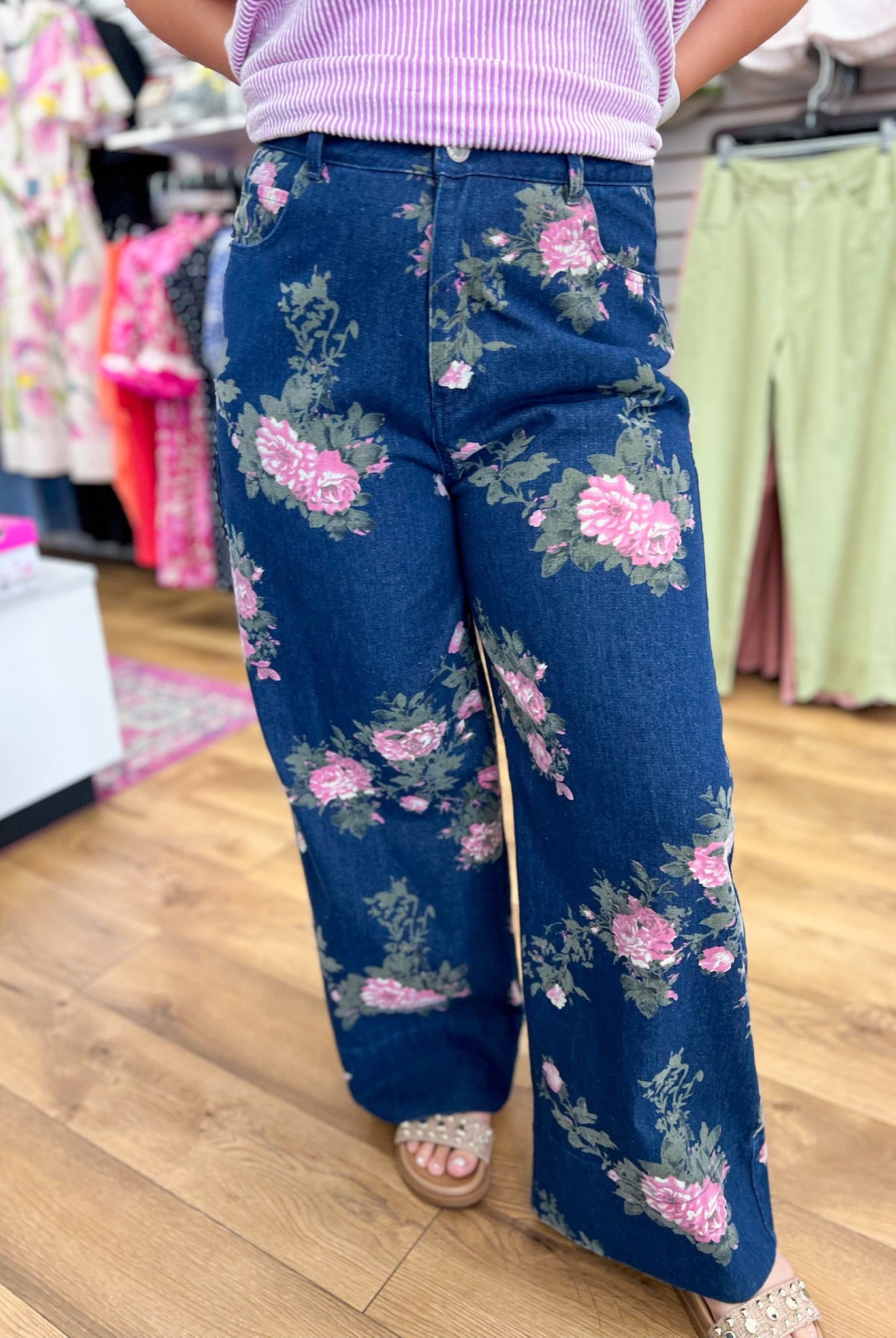 Dark Denim Floral Wide Legs Cropped Pants - A'Bekah's Boutique
