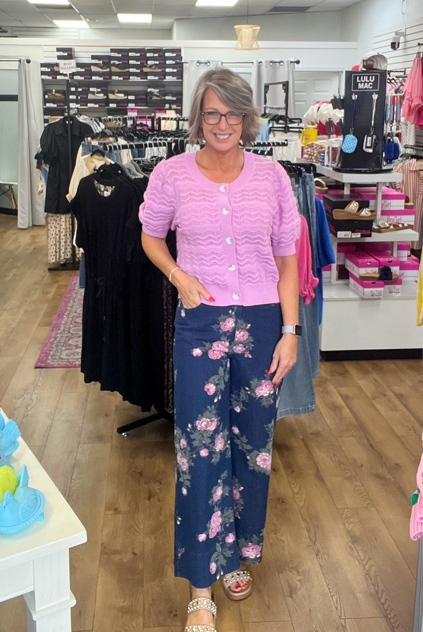 Dark Denim Floral Wide Legs Cropped Pants - A'Bekah's Boutique