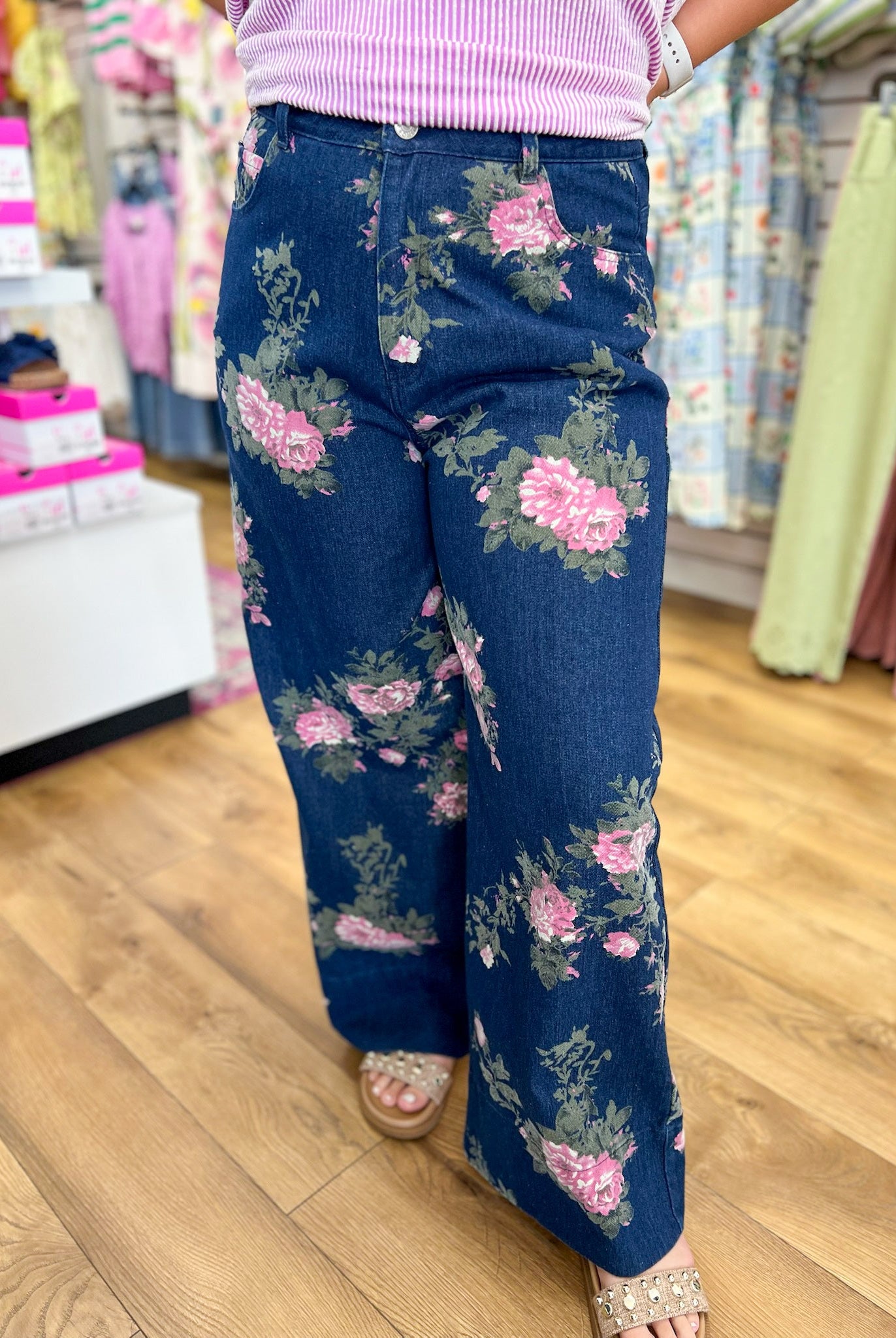 Dark Denim Floral Wide Legs Cropped Pants - A'Bekah's Boutique