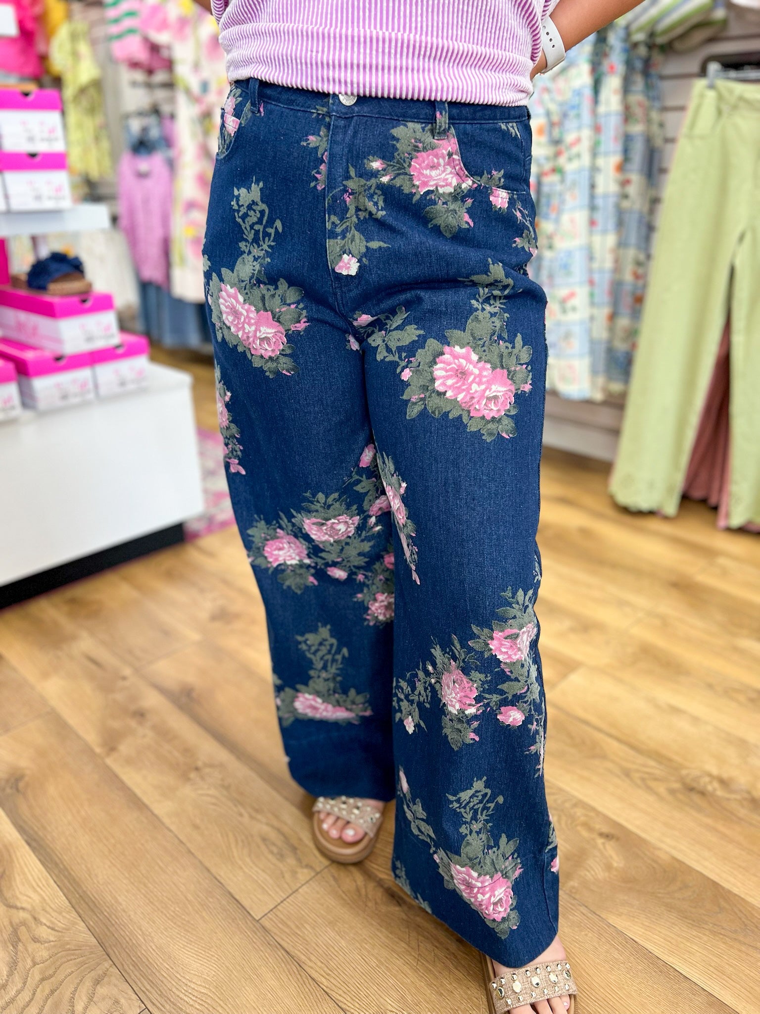 Dark Denim Floral Wide Legs Cropped Pants - A'Bekah's Boutique