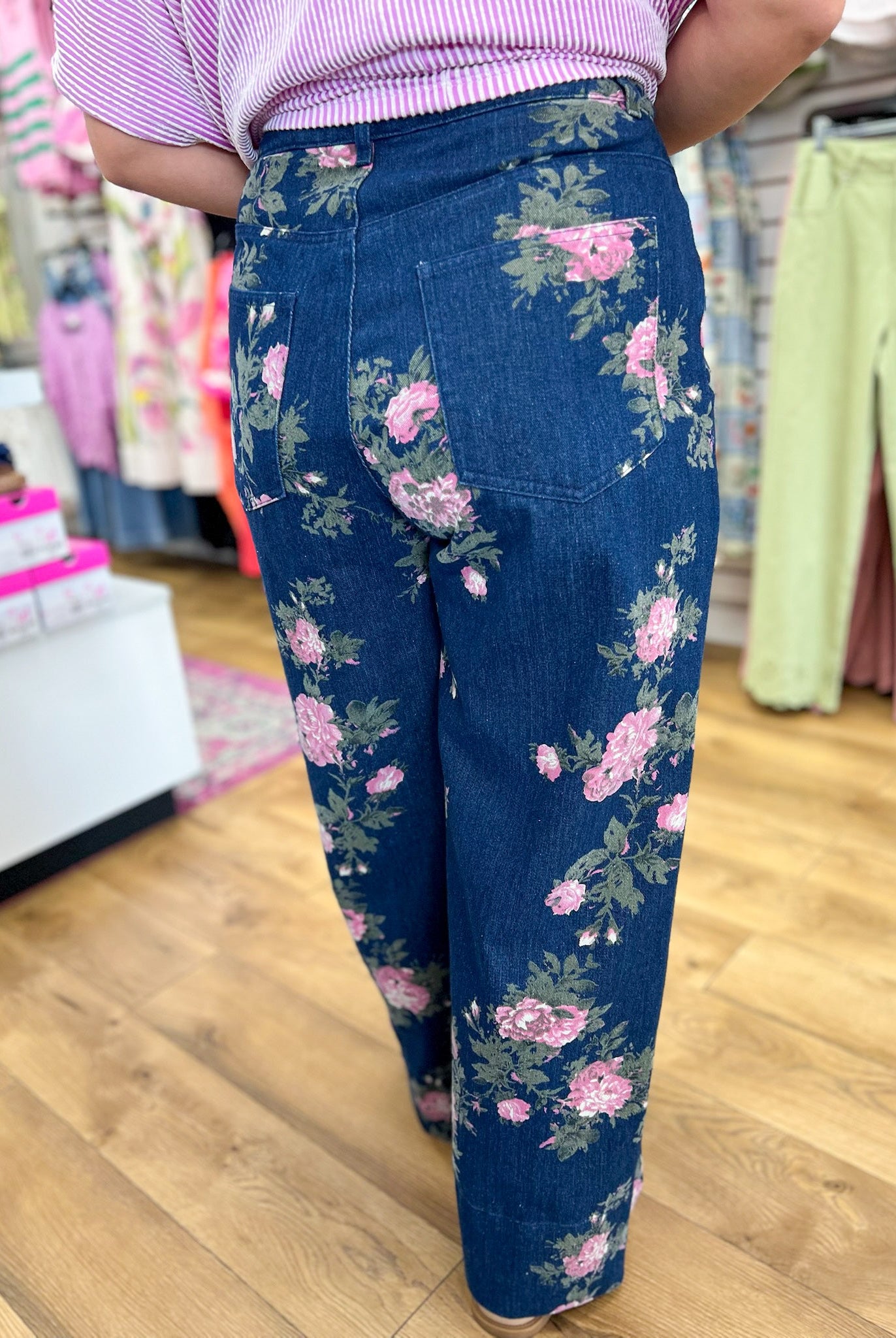 Dark Denim Floral Wide Legs Cropped Pants - A'Bekah's Boutique