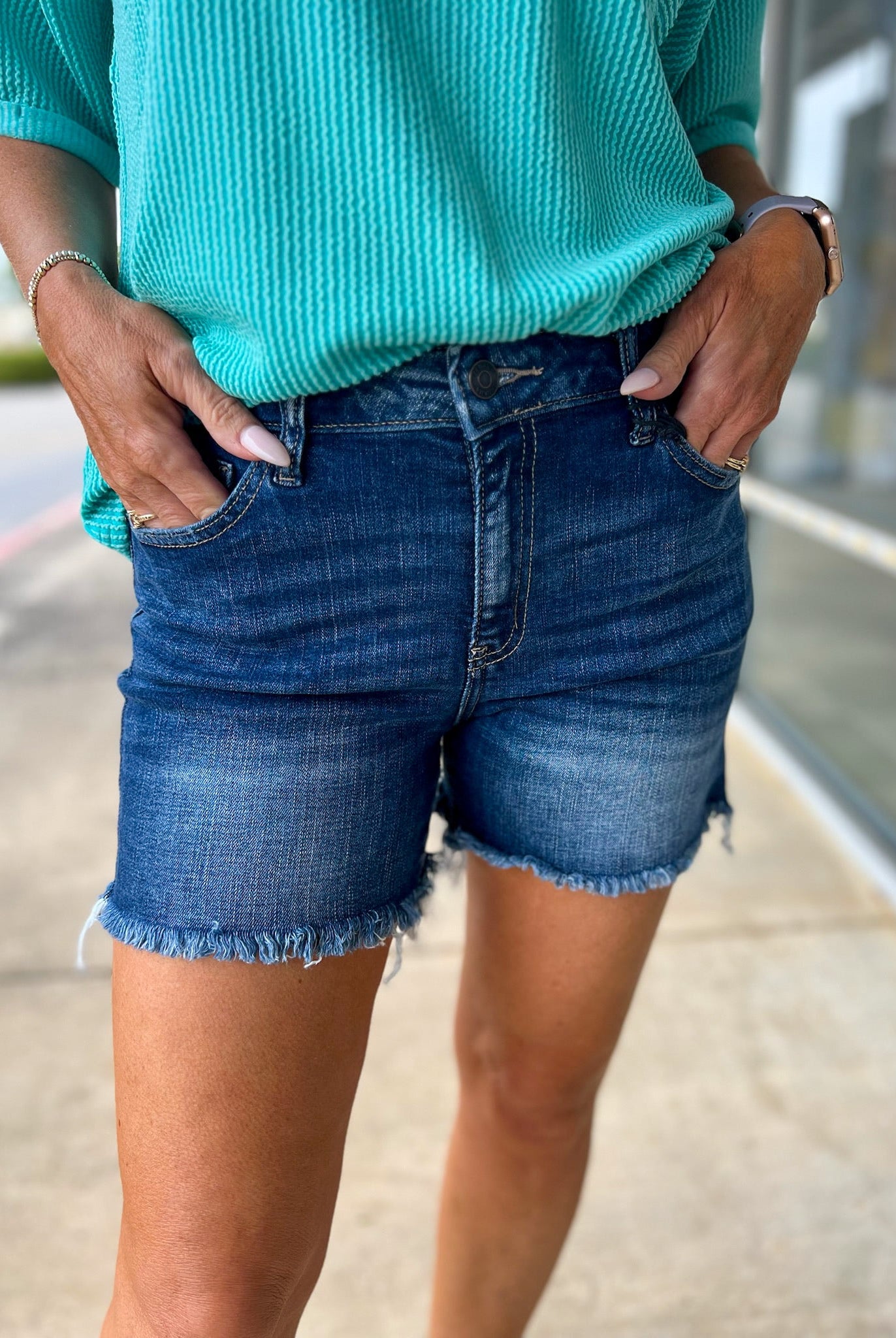 Dark Denim Mid Rise Shorts with Frayed Hem 4.5" Inseam - A'Bekah's Boutique