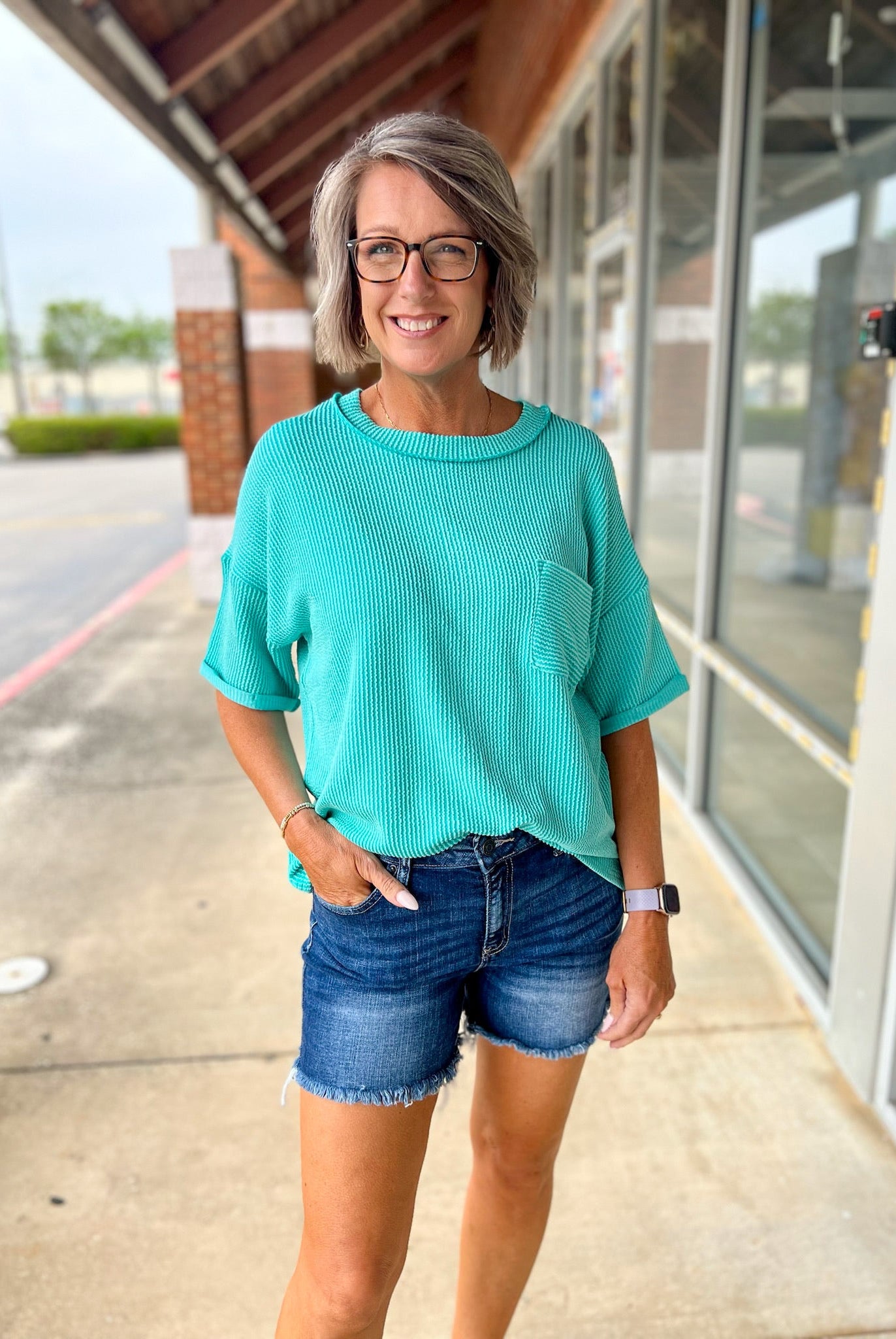 Dark Denim Mid Rise Shorts with Frayed Hem 4.5" Inseam - A'Bekah's Boutique