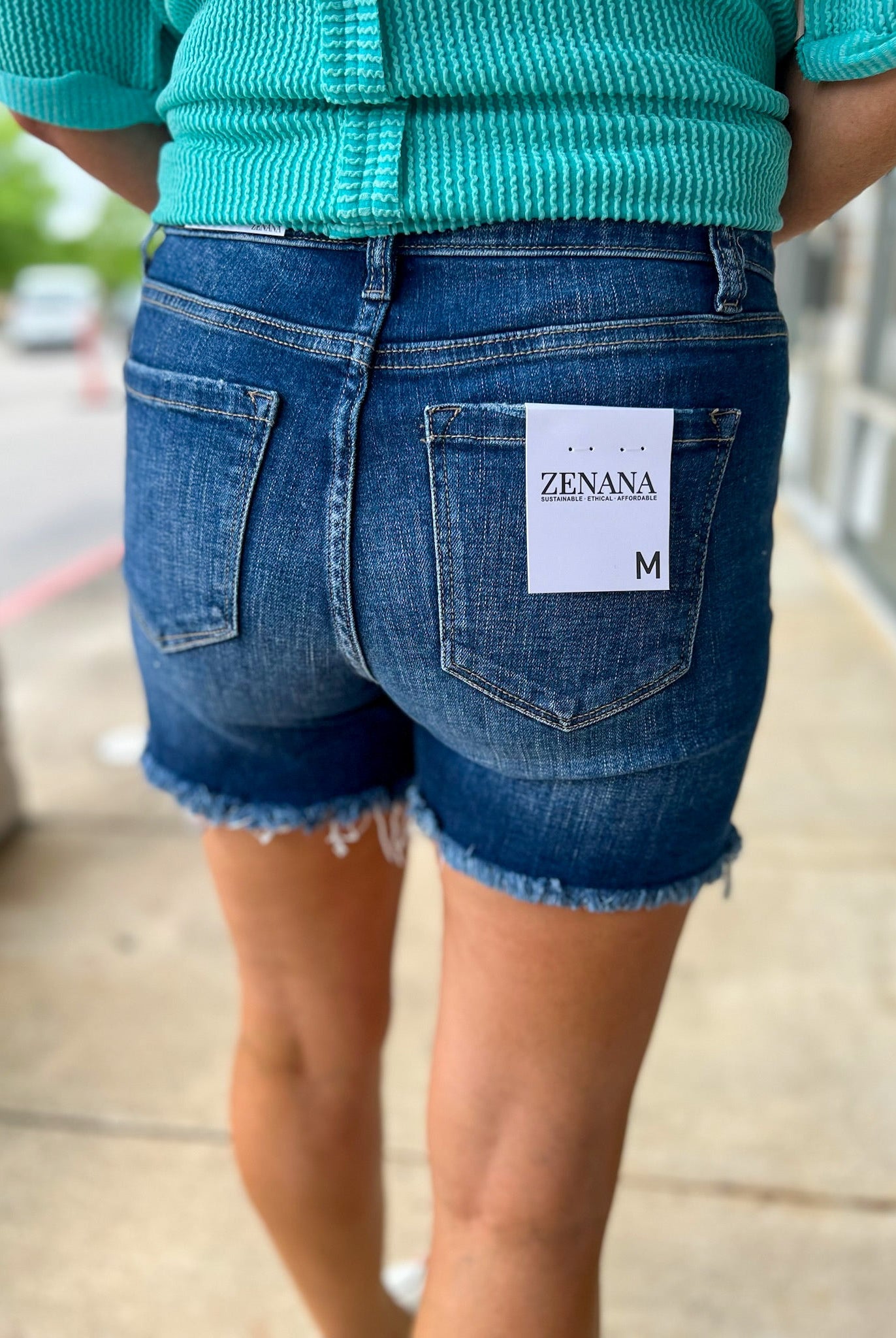 Dark Denim Mid Rise Shorts with Frayed Hem 4.5" Inseam - A'Bekah's Boutique
