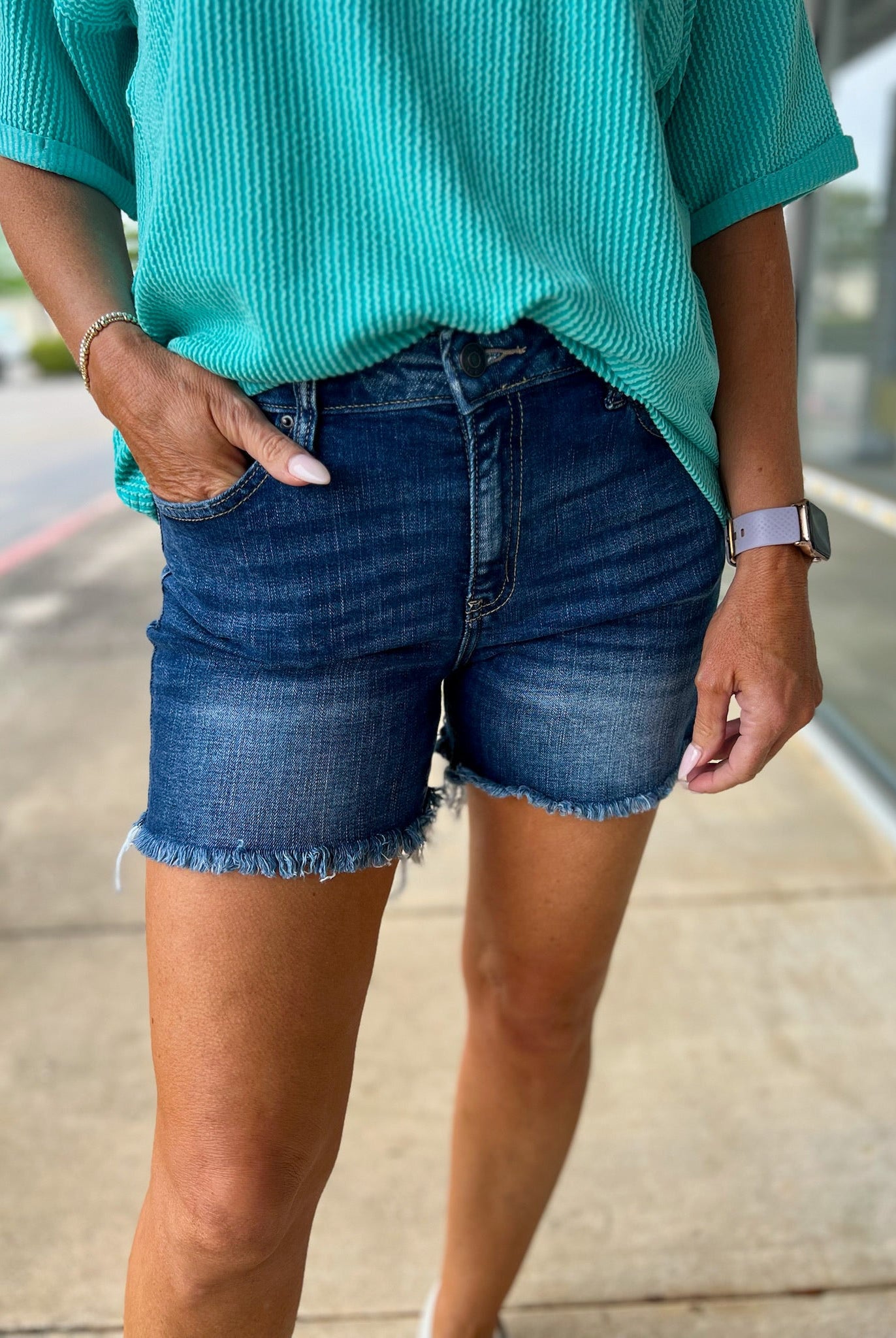 Dark Denim Mid Rise Shorts with Frayed Hem 4.5" Inseam - A'Bekah's Boutique