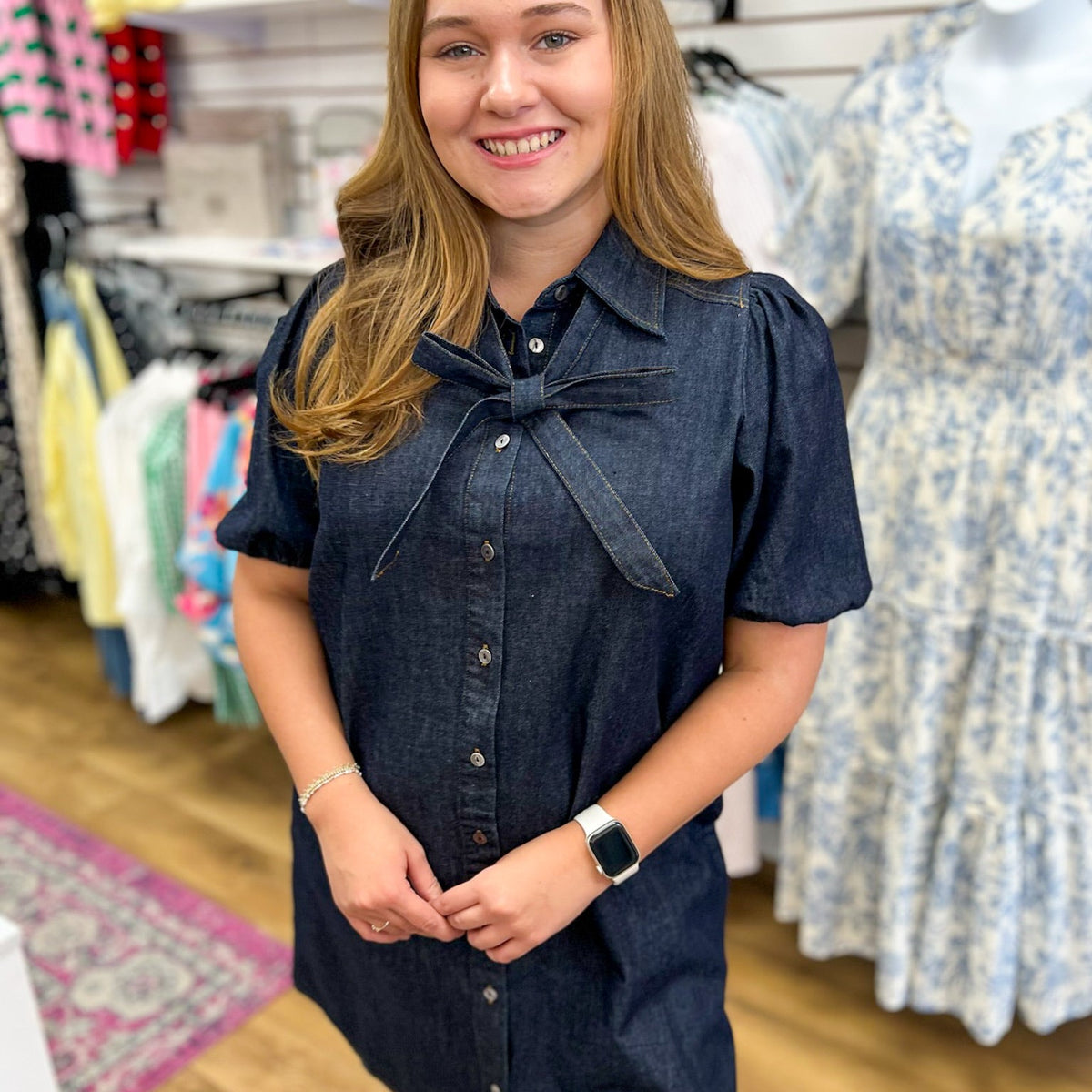 Dark Denim Short Sleeve Dress with Scarf Detail Large
