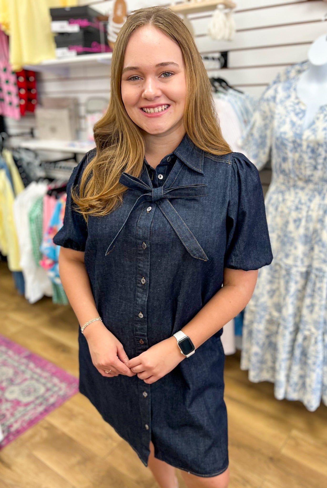 Dark Denim Short Sleeve Dress with Front Bow Detail - A'Bekah's Boutique