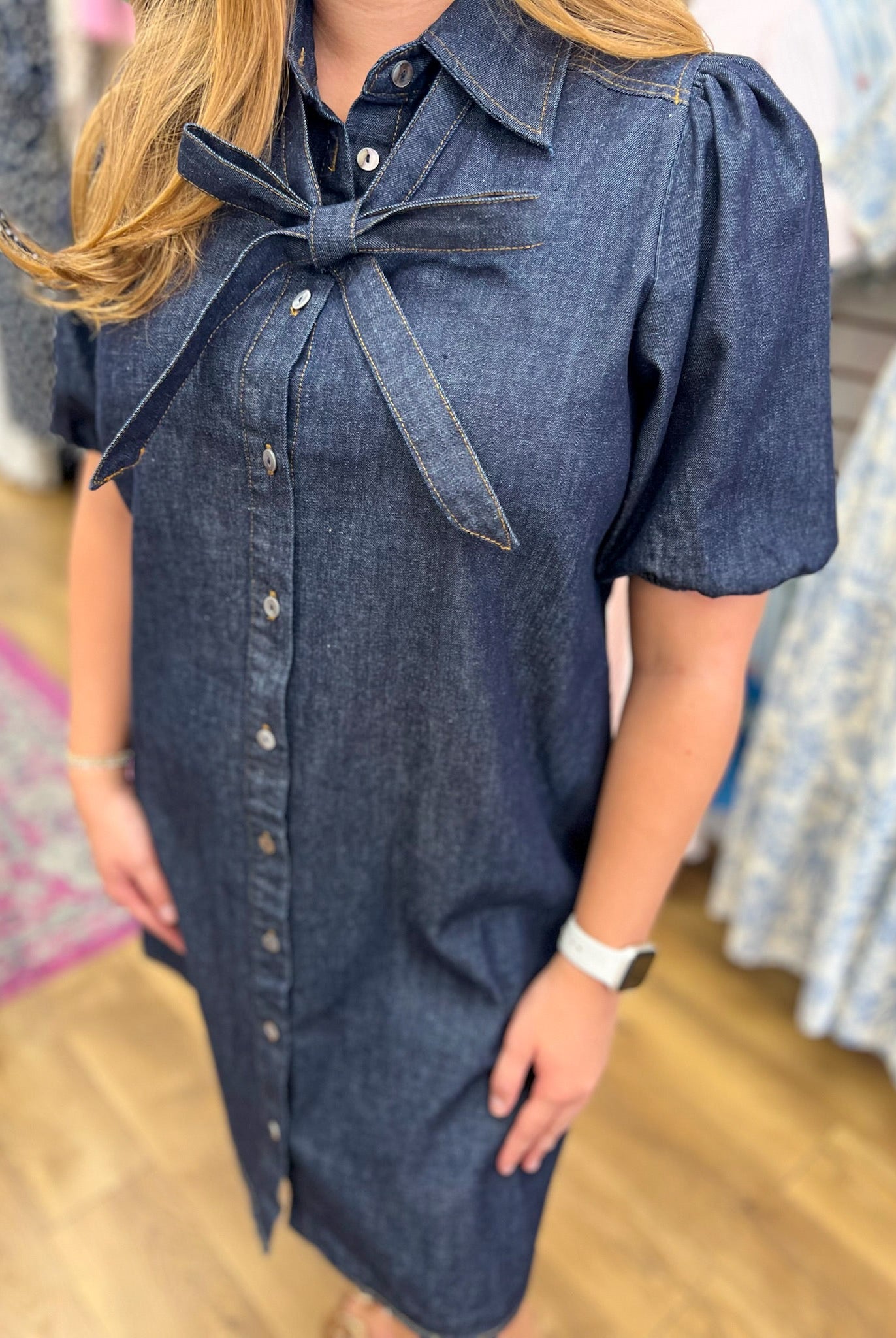 Dark Denim Short Sleeve Dress with Front Bow Detail - A'Bekah's Boutique