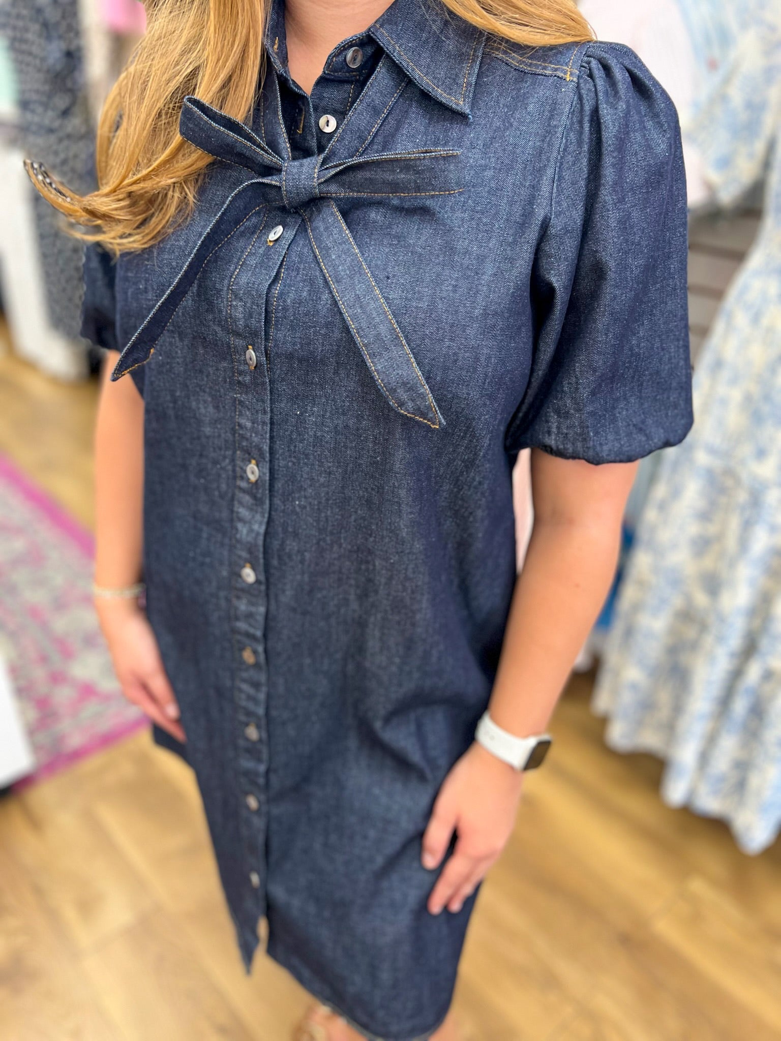 Dark Denim Short Sleeve Dress with Front Bow Detail - A'Bekah's Boutique