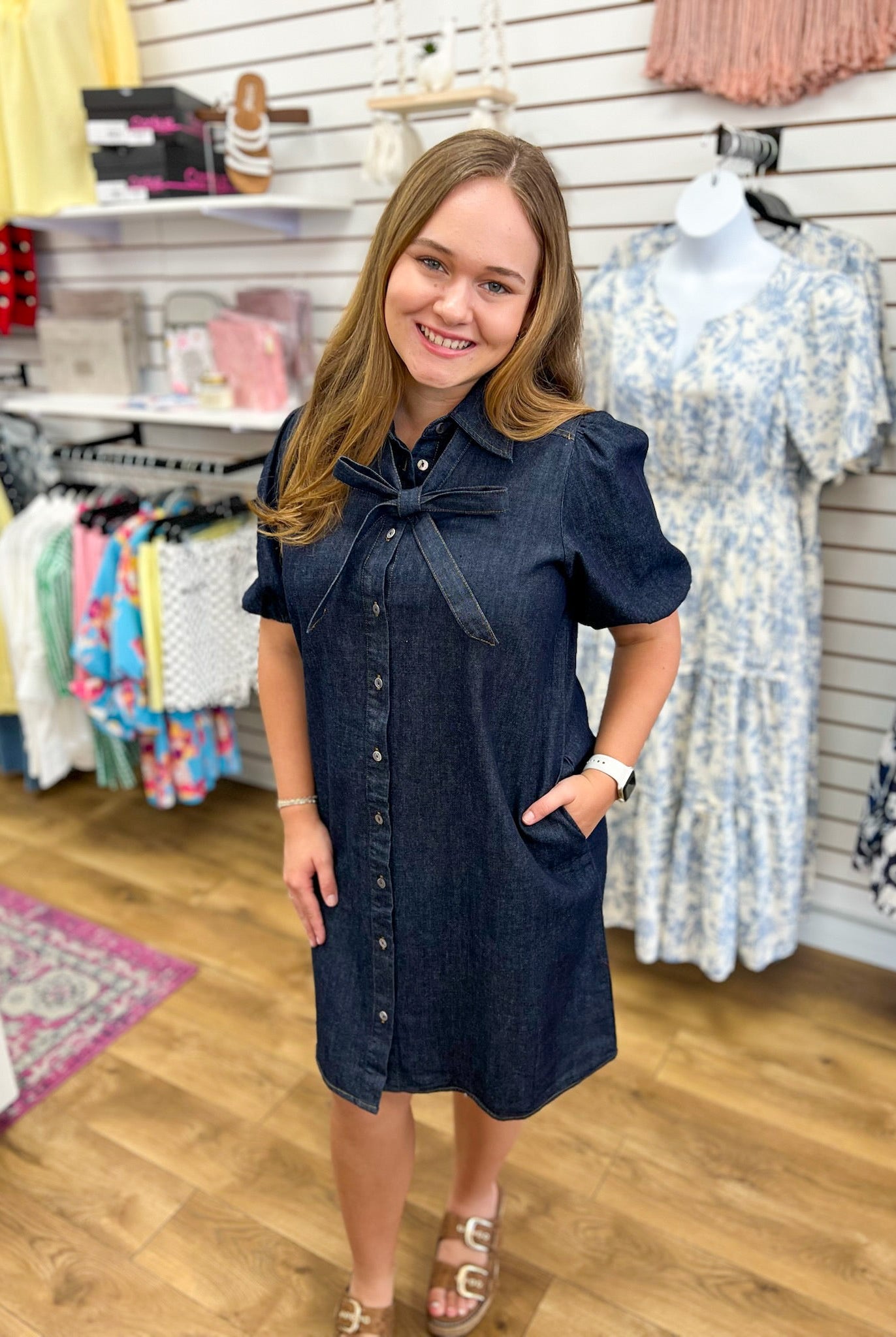 Dark Denim Short Sleeve Dress with Front Bow Detail - A'Bekah's Boutique