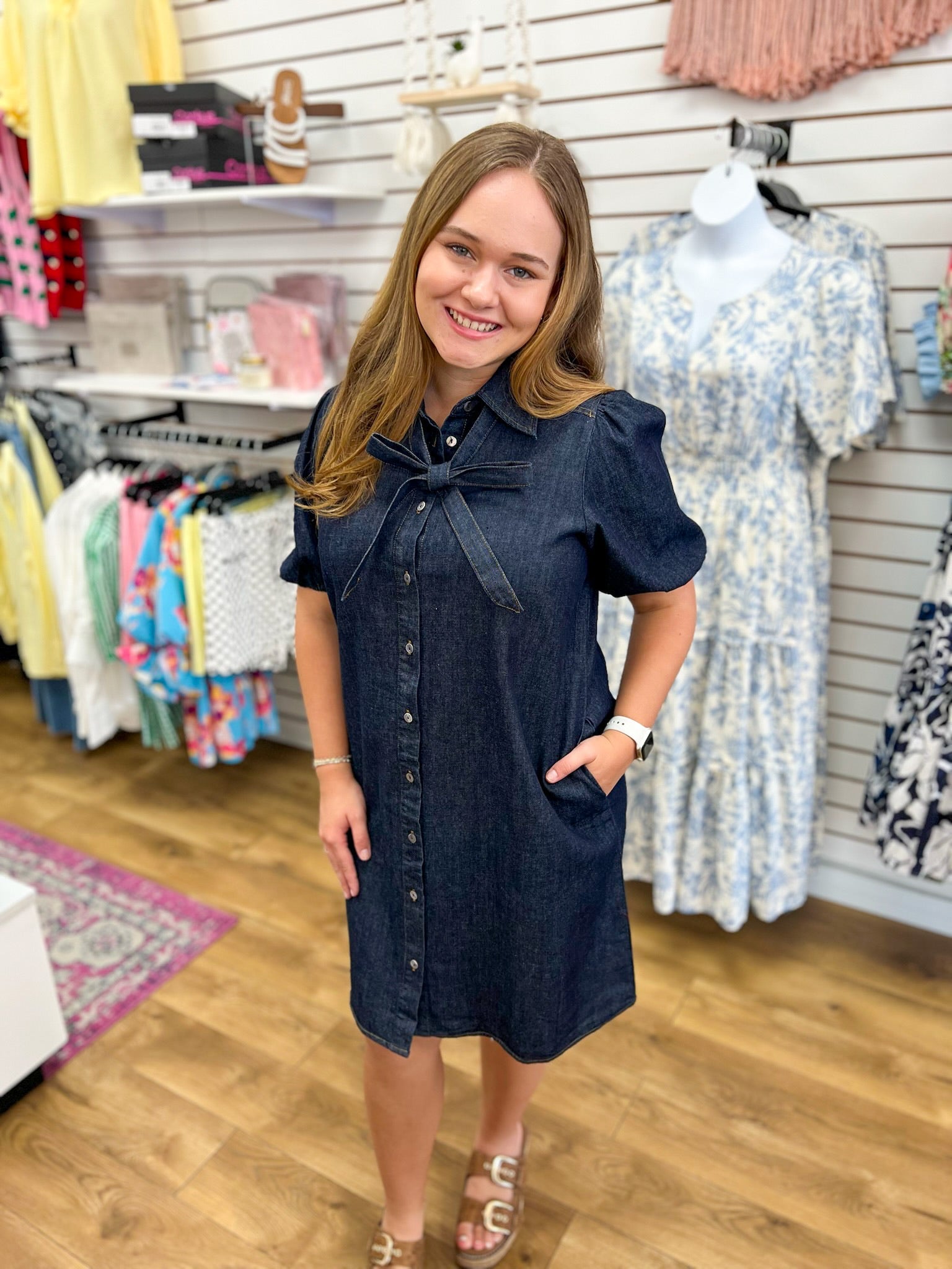 Dark Denim Short Sleeve Dress with Front Bow Detail - A'Bekah's Boutique