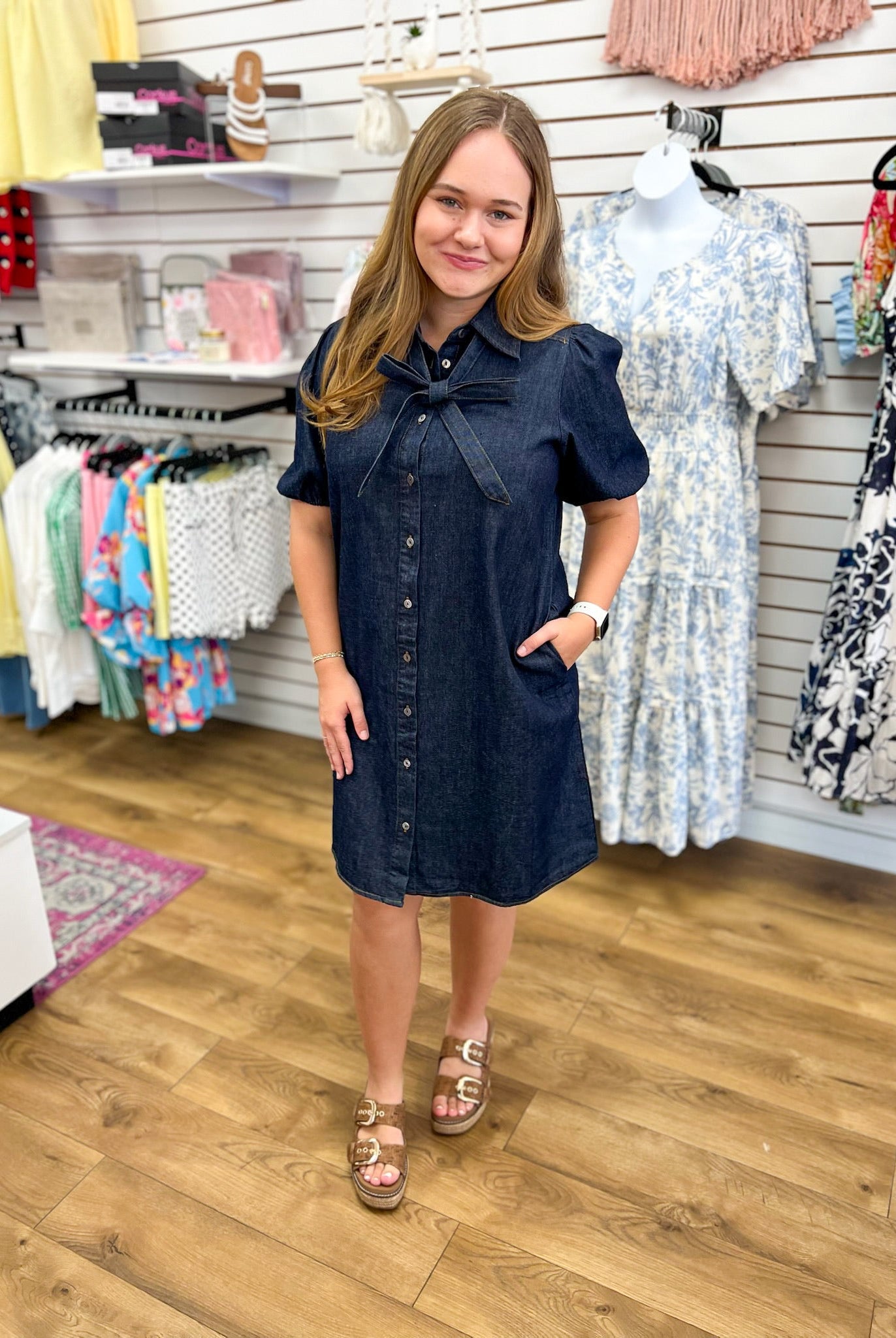 Dark Denim Short Sleeve Dress with Front Bow Detail - A'Bekah's Boutique