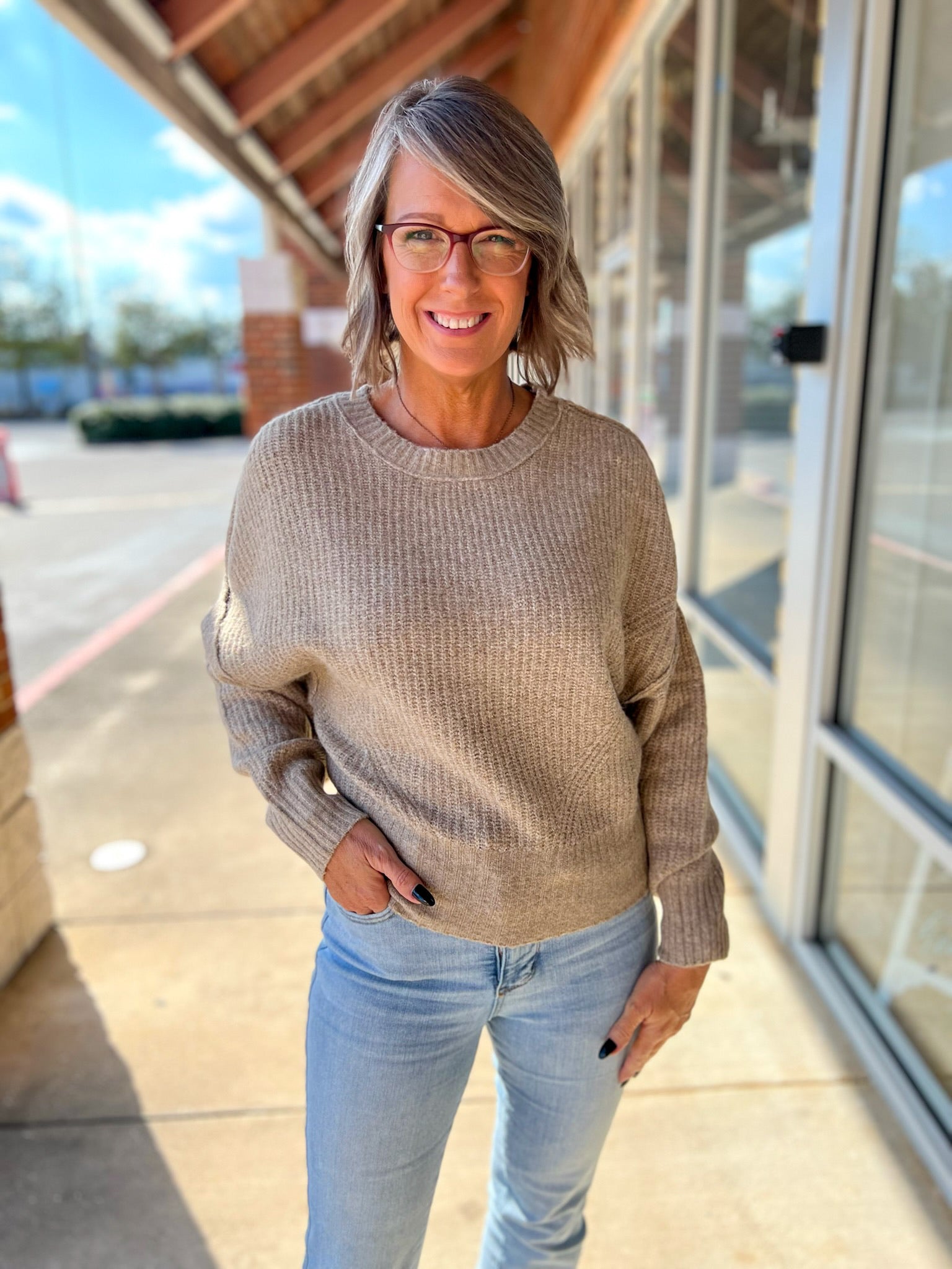 Dark Taupe Ribbed Crew Neck Long Sleeve Fitted Hem Sweater - A'Bekah's Boutique