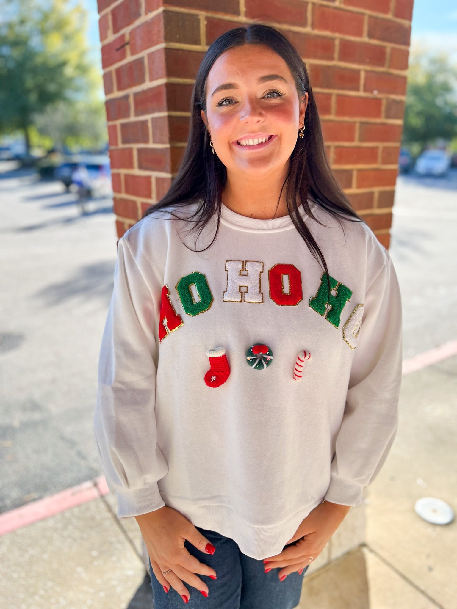 Dashing Through The Snow Off White Ho Ho Ho Holiday Long Sleeve Sweatshirt - A'Bekah's Boutique