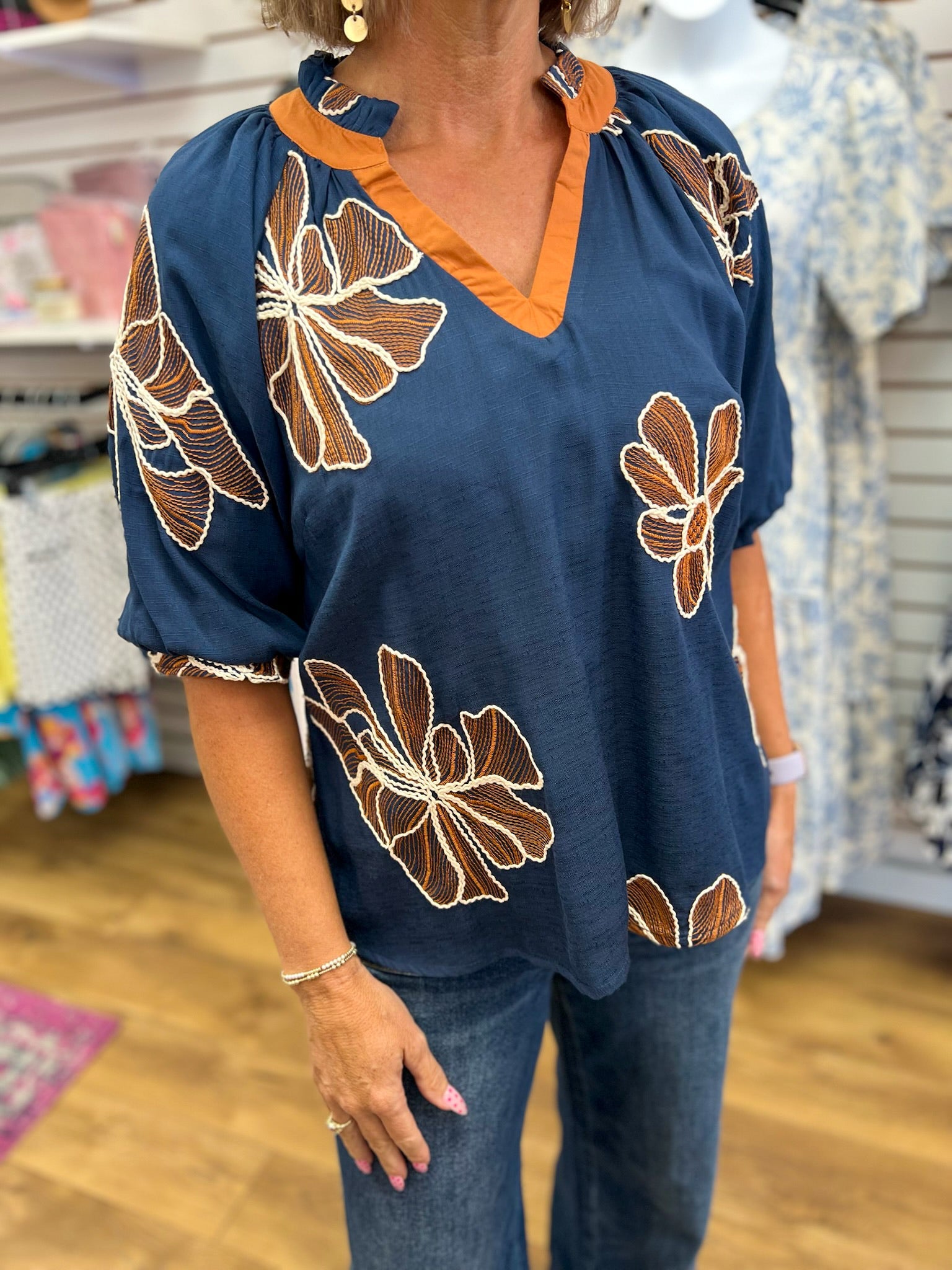 Denim Blue Floral V-Neck Top with Contrast Trim Details - A'Bekah's Boutique
