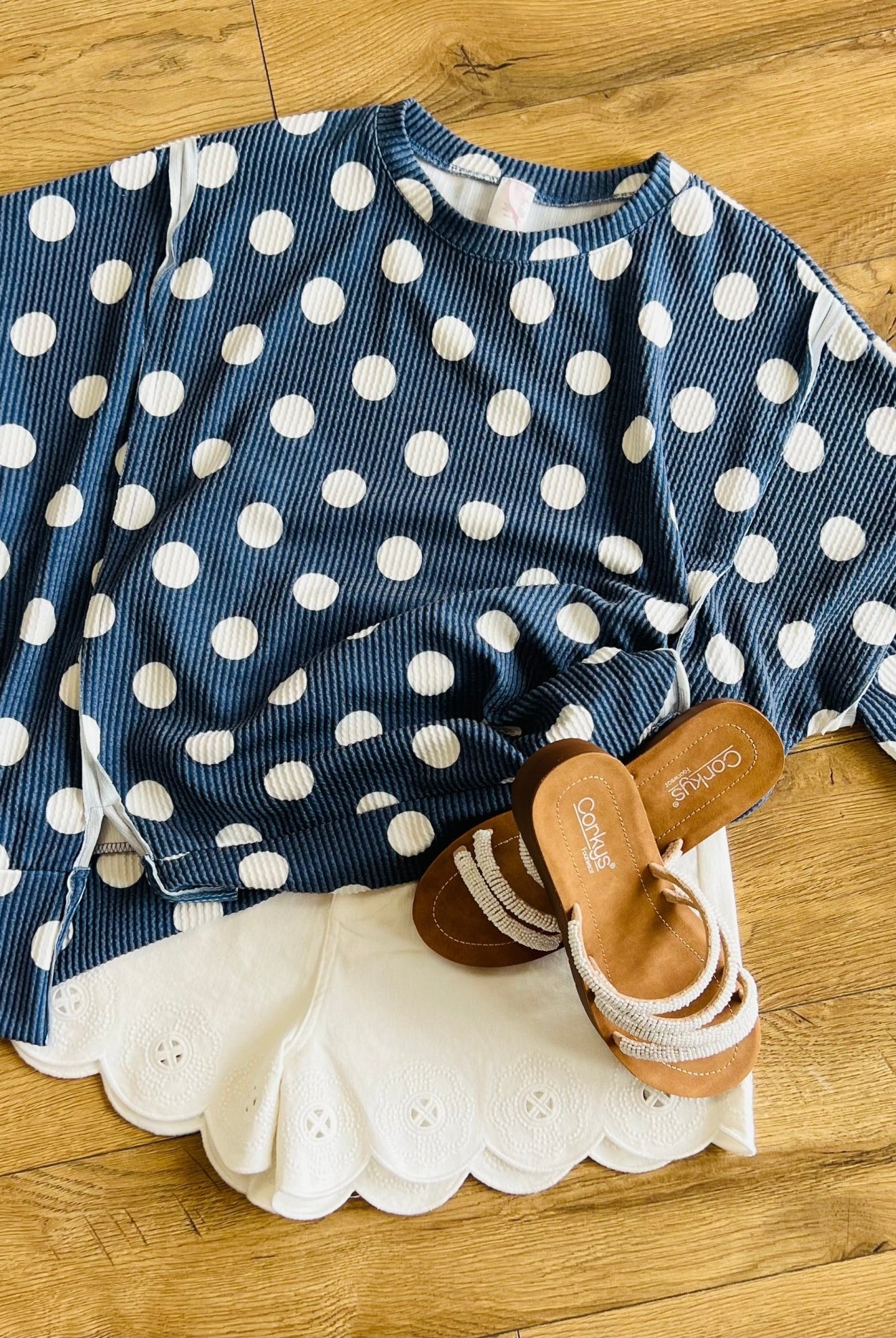 Denim Blue Polka Dot Rib Knit Top - A'Bekah's Boutique