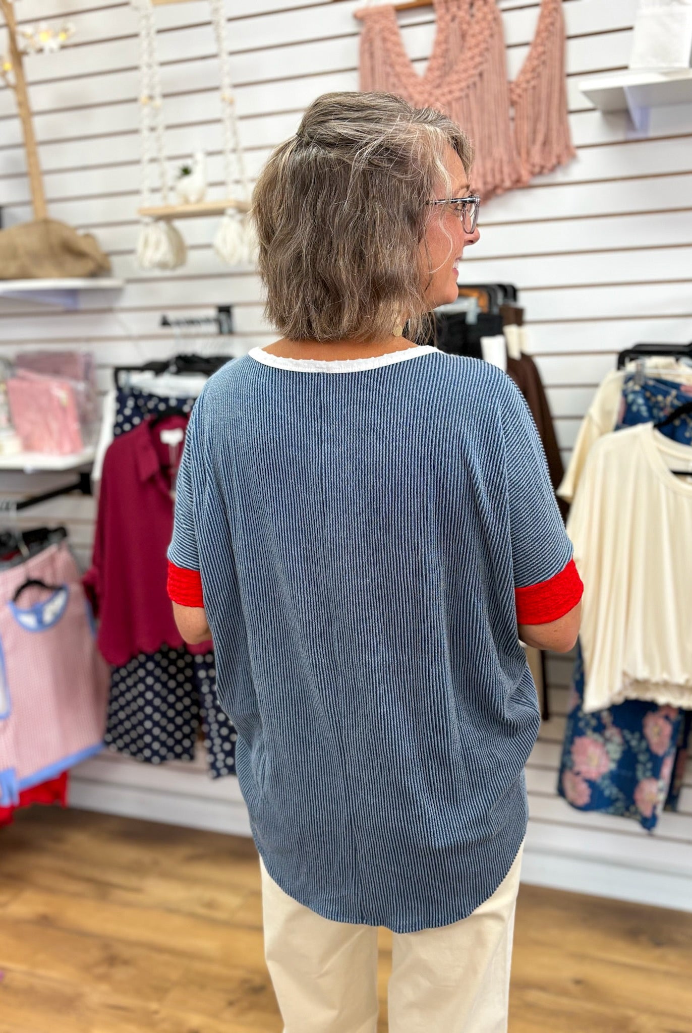 Denim Blue Rib Knit Top with Red Accent at Cuffs - A'Bekah's Boutique