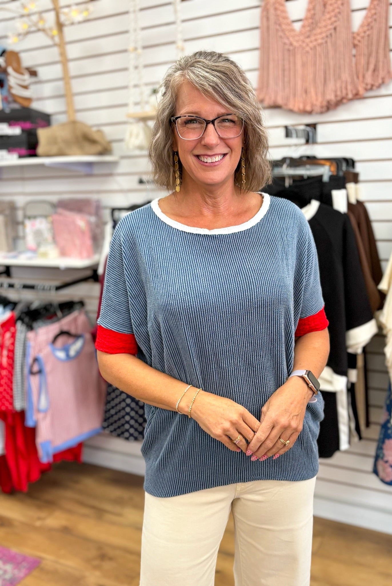 Denim Blue Rib Knit Top with Red Accent at Cuffs - A'Bekah's Boutique