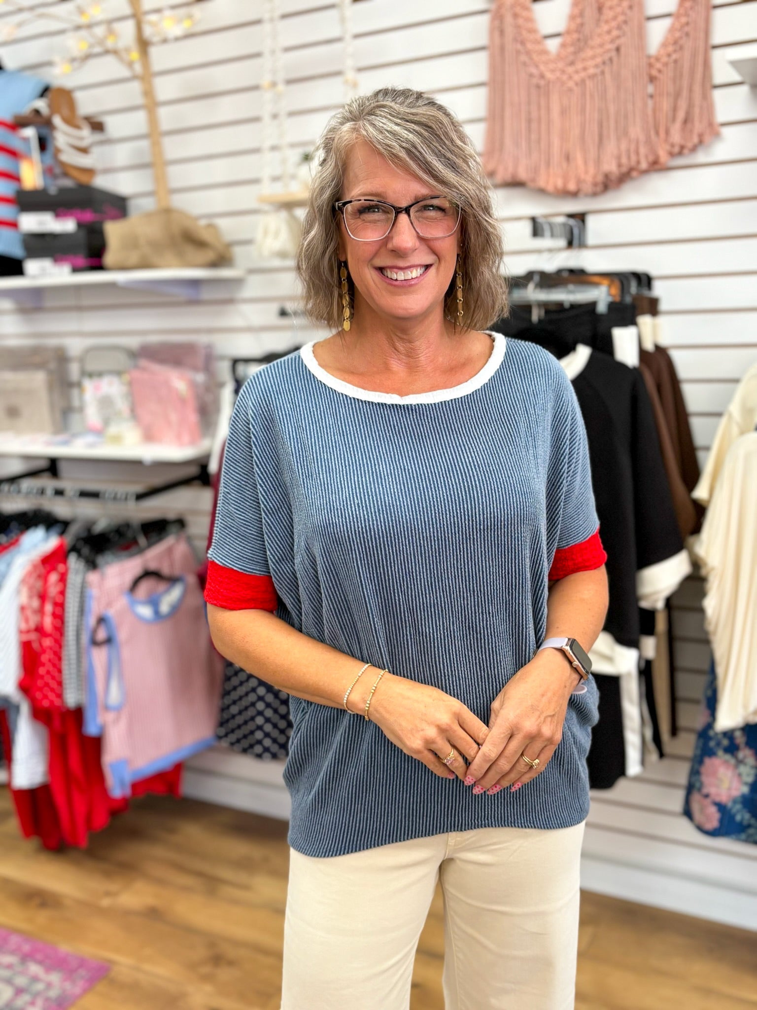 Denim Blue Rib Knit Top with Red Accent at Cuffs - A'Bekah's Boutique