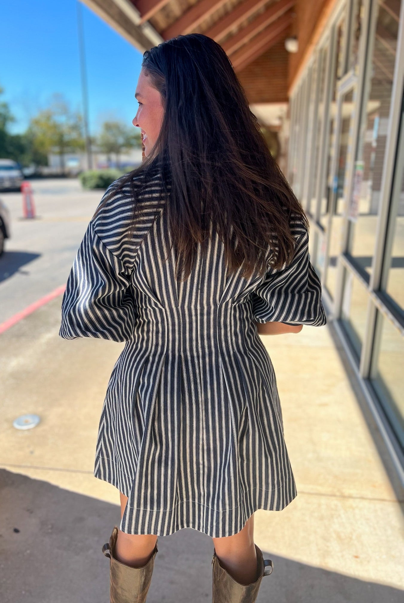 Denim Navy Blue Striped Bubble Sleeve Dress - A'Bekah's Boutique