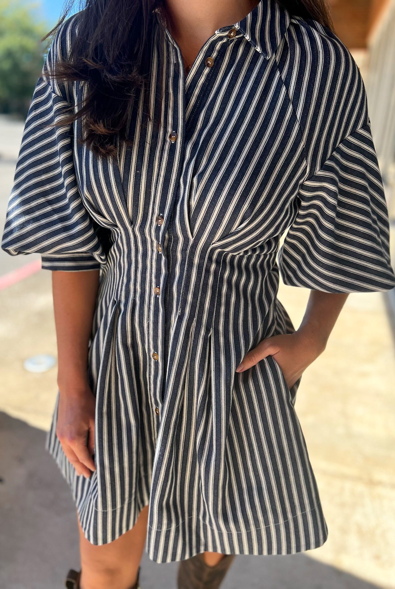 Denim Navy Blue Striped Bubble Sleeve Dress - A'Bekah's Boutique
