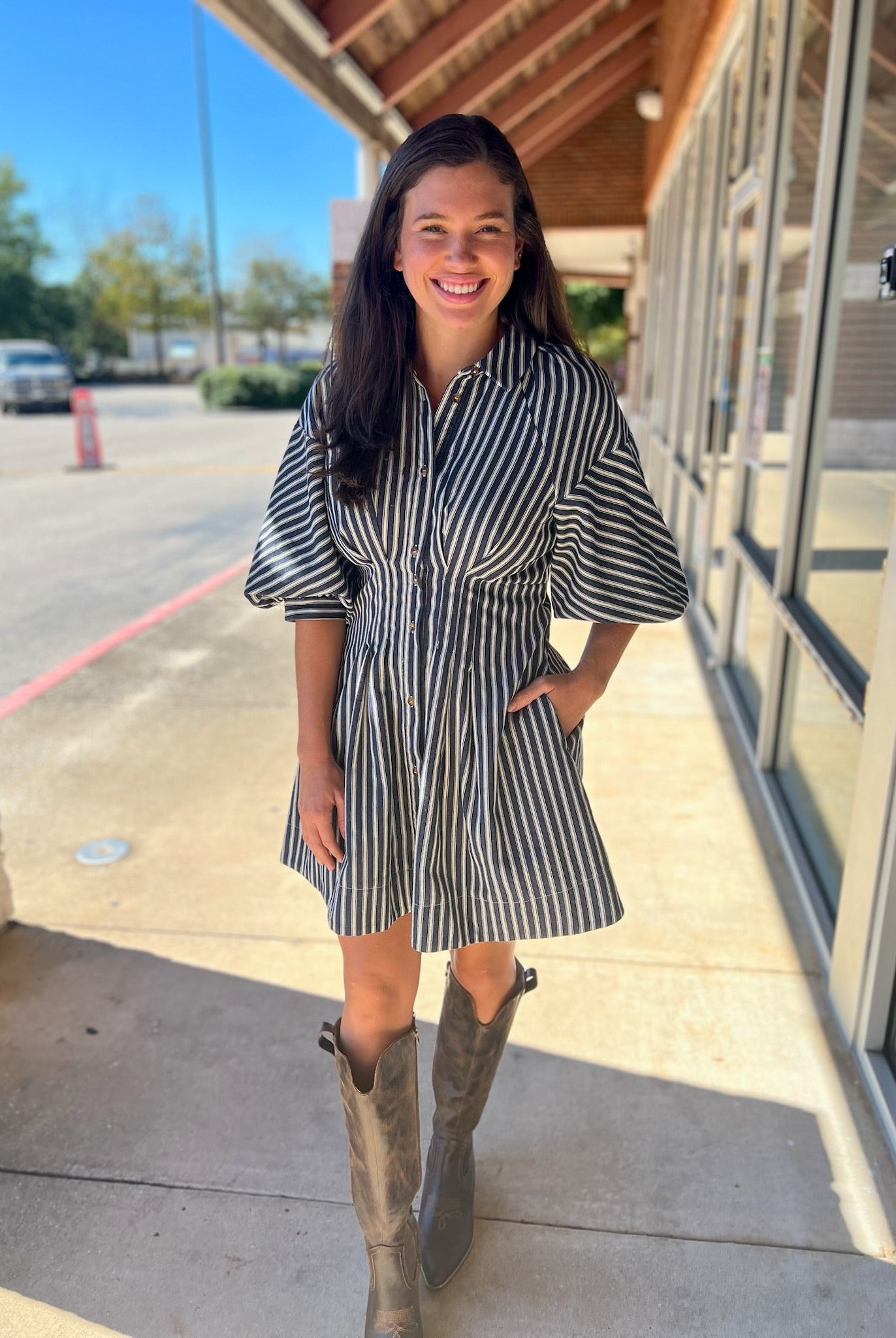 Denim Navy Blue Striped Bubble Sleeve Dress - A'Bekah's Boutique