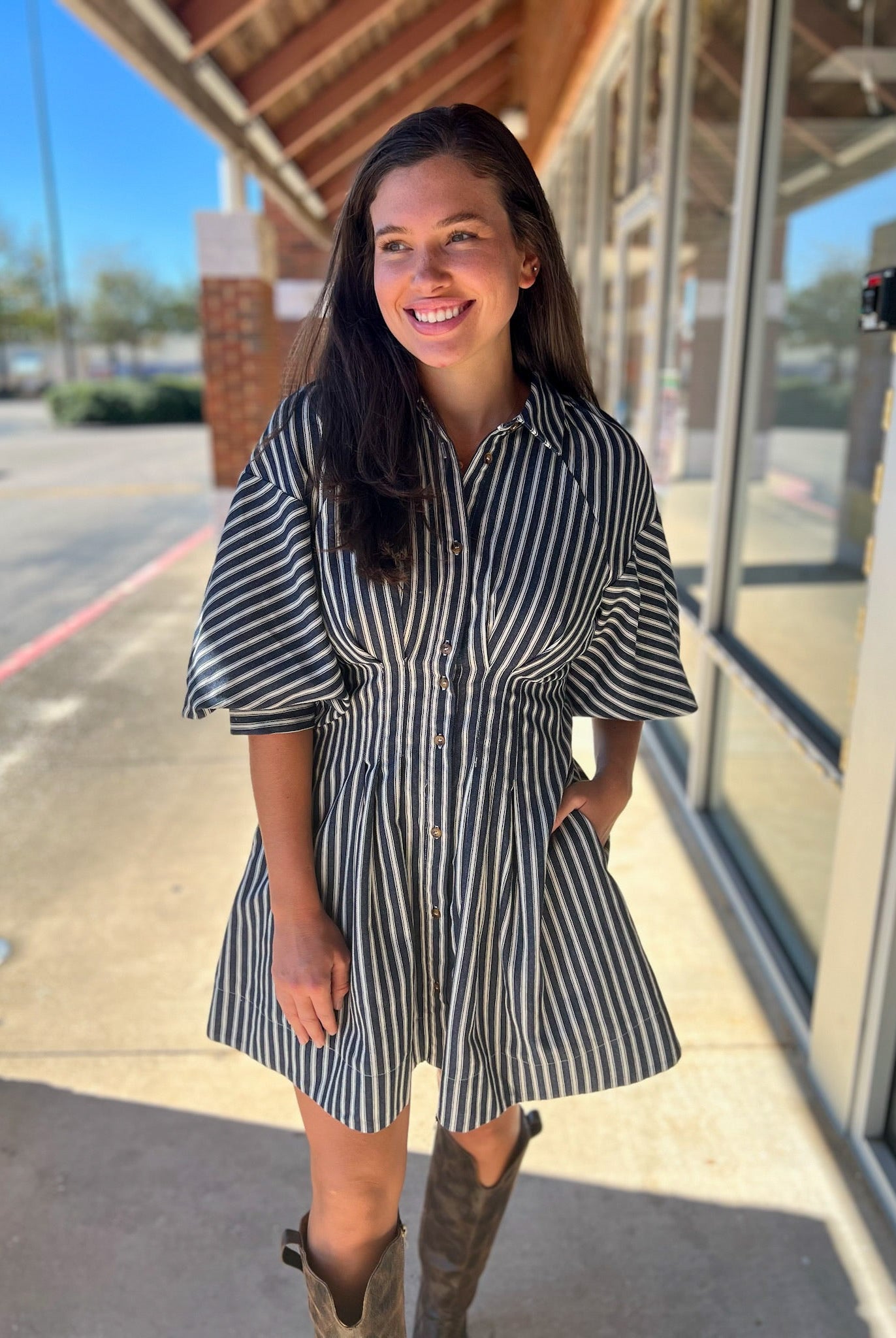 Denim Navy Blue Striped Bubble Sleeve Dress - A'Bekah's Boutique