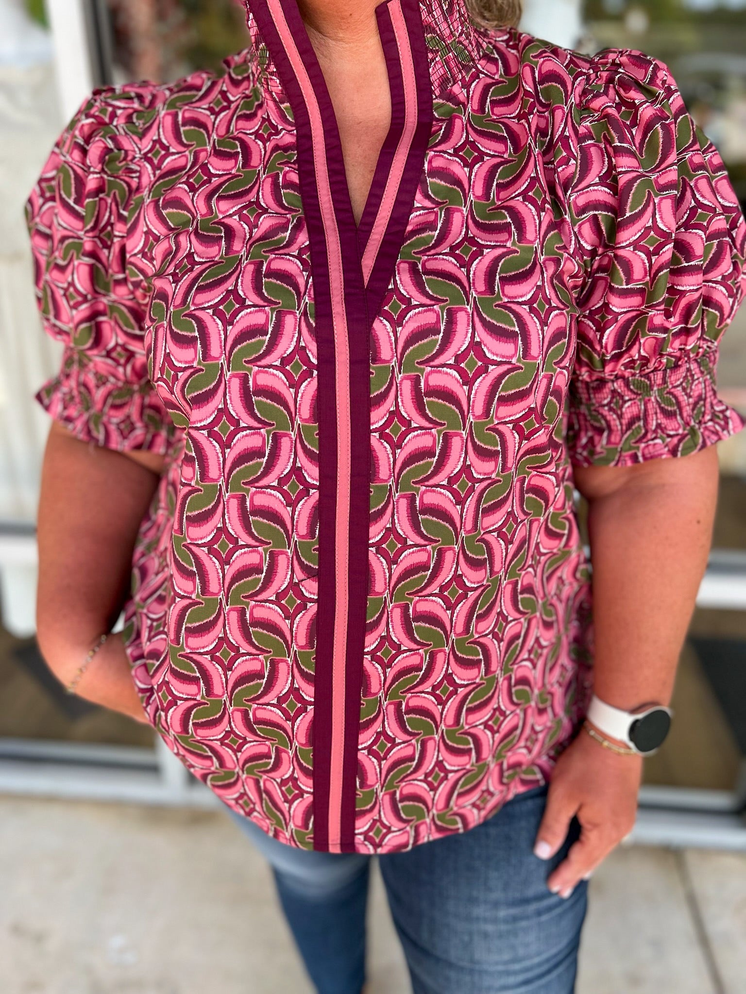 Don't Rush Wine Abstract Print Short Puff Sleeve Top with Contrast Banding (C) - A'Bekah's Boutique