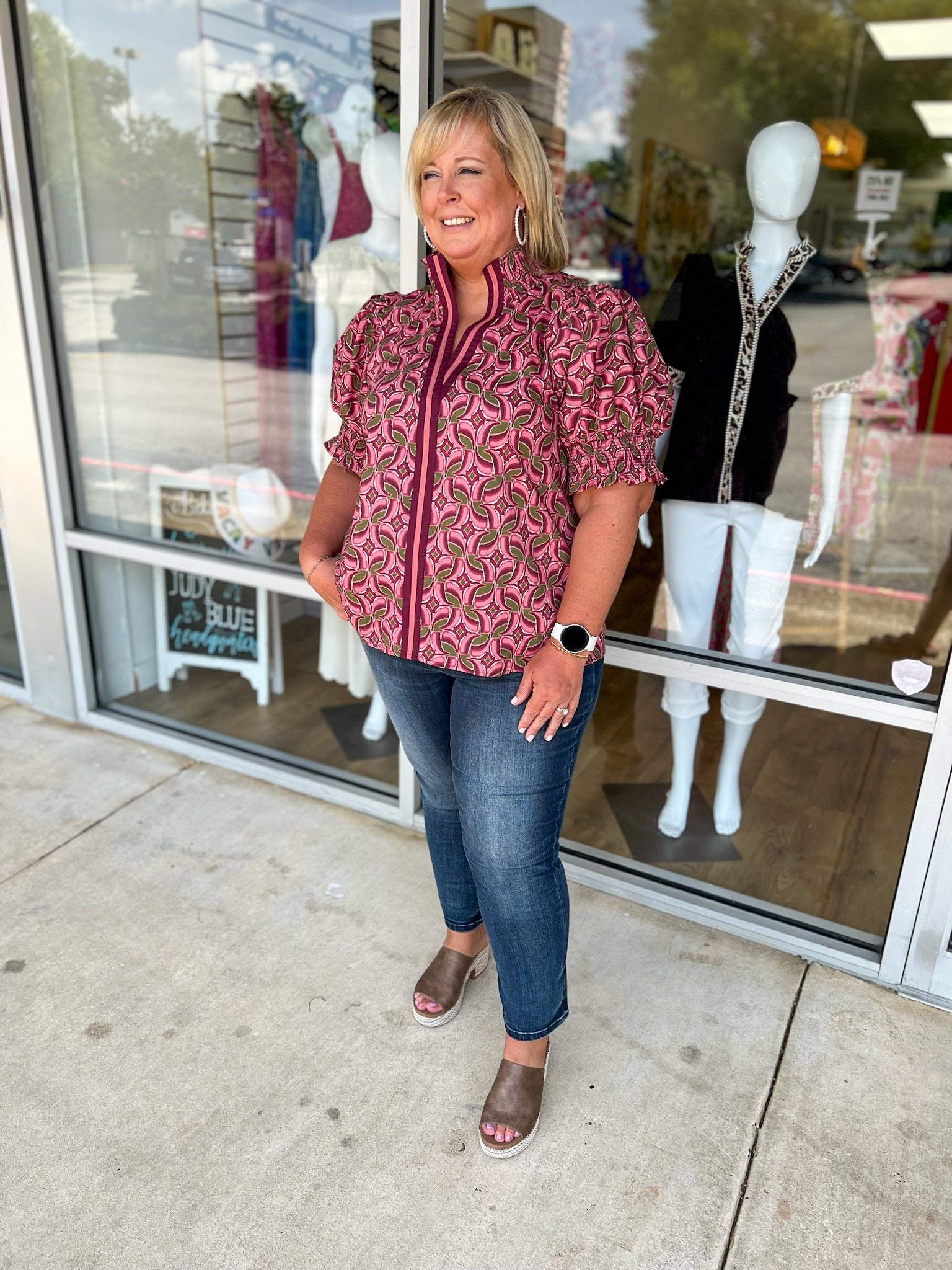 Don't Rush Wine Abstract Print Short Puff Sleeve Top with Contrast Banding (C) - A'Bekah's Boutique