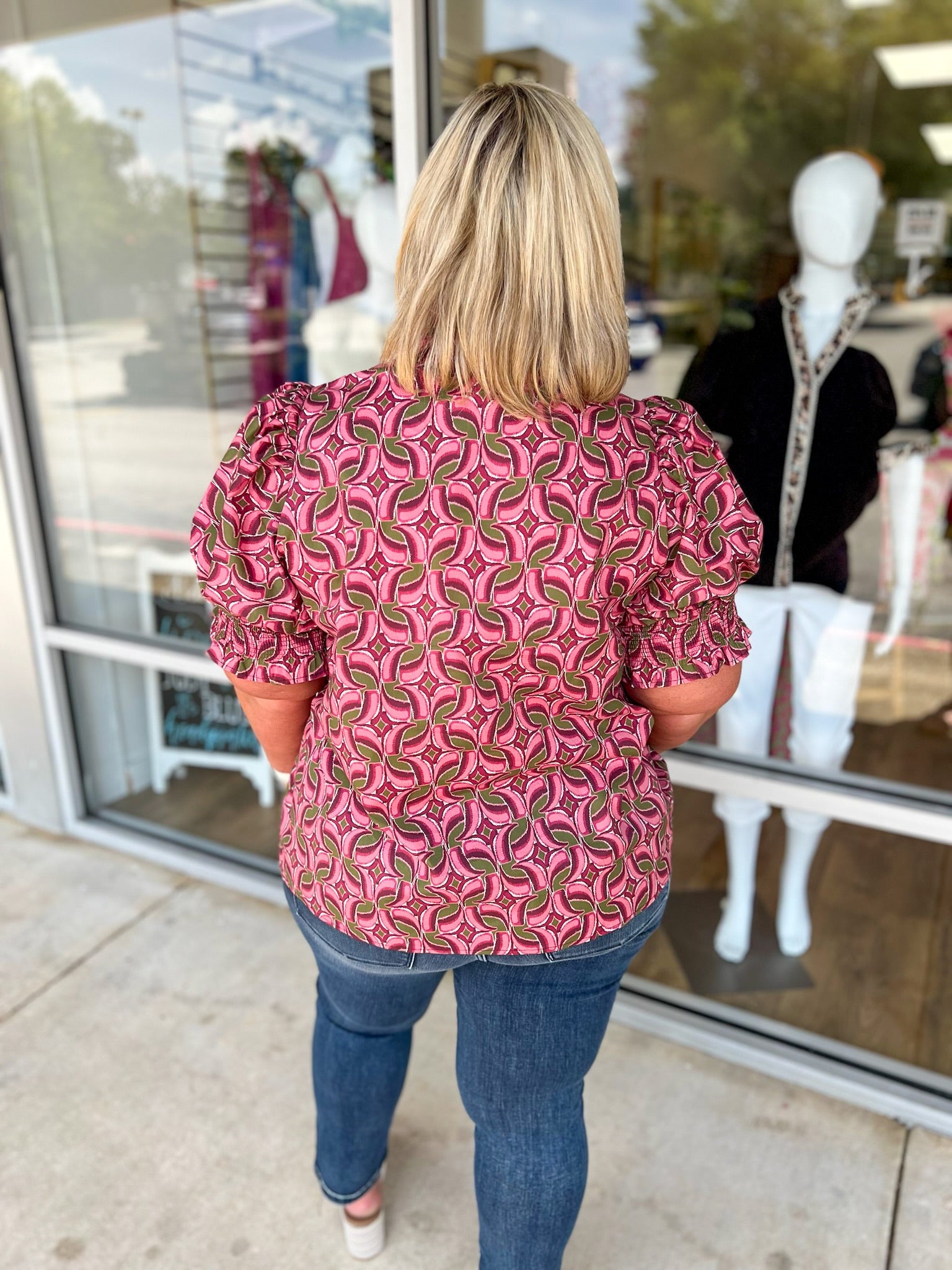 Don't Rush Wine Abstract Print Short Puff Sleeve Top with Contrast Banding (C) - A'Bekah's Boutique