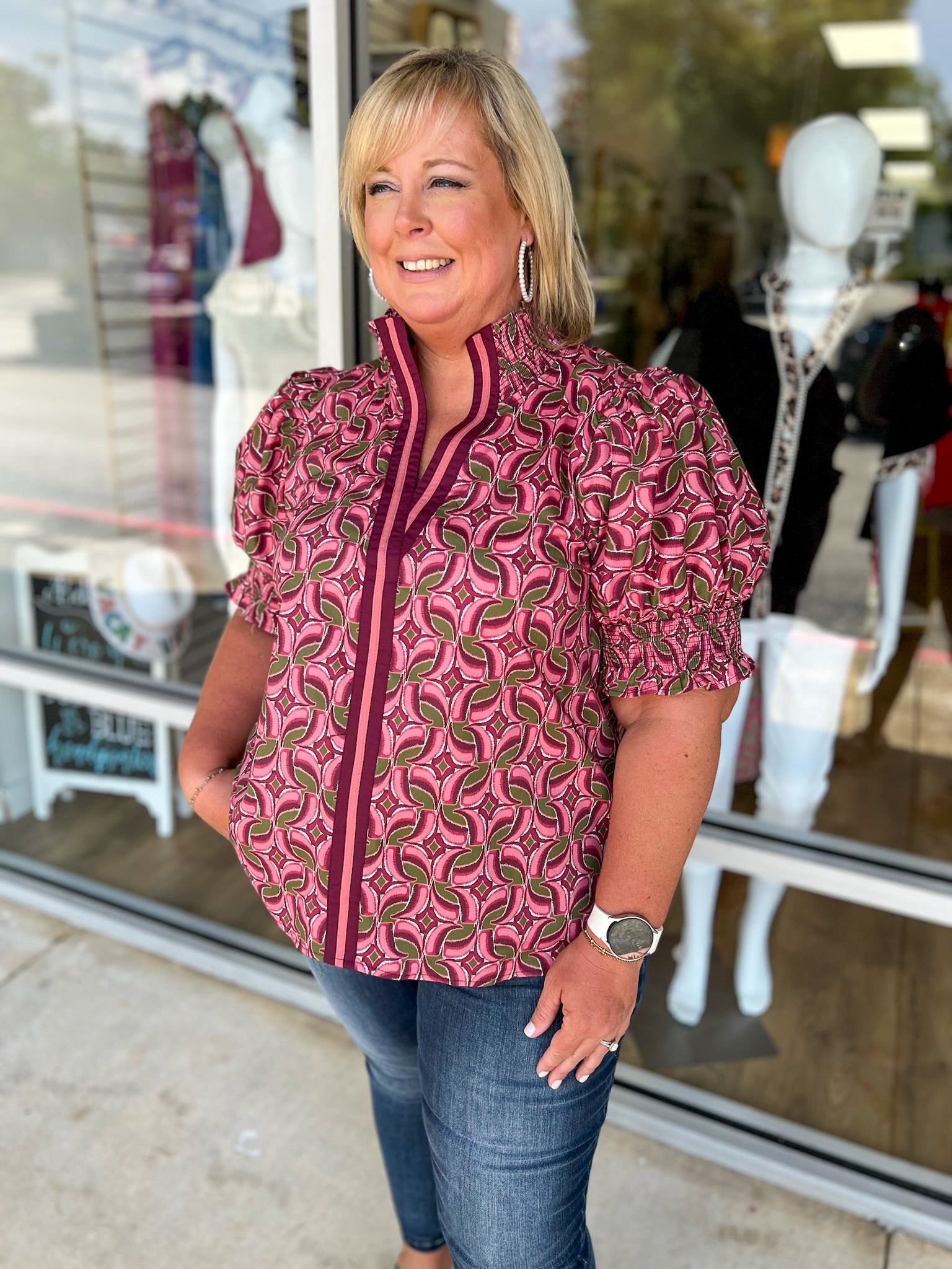 Don't Rush Wine Abstract Print Short Puff Sleeve Top with Contrast Banding (C) - A'Bekah's Boutique