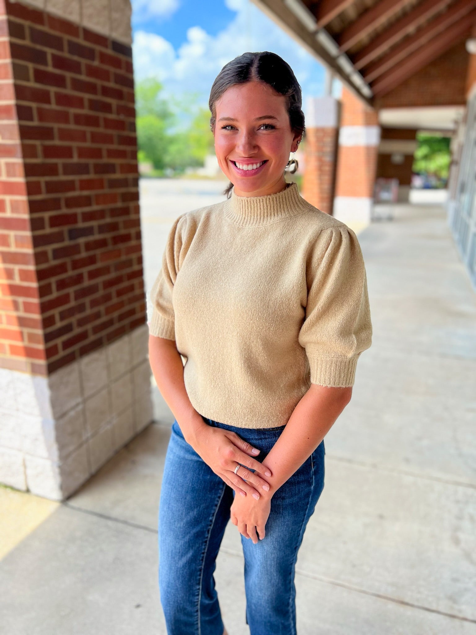 Don't Waste Your Chance Taupe Short Puff Sleeve Mock Neck Top - A'Bekah's Boutique